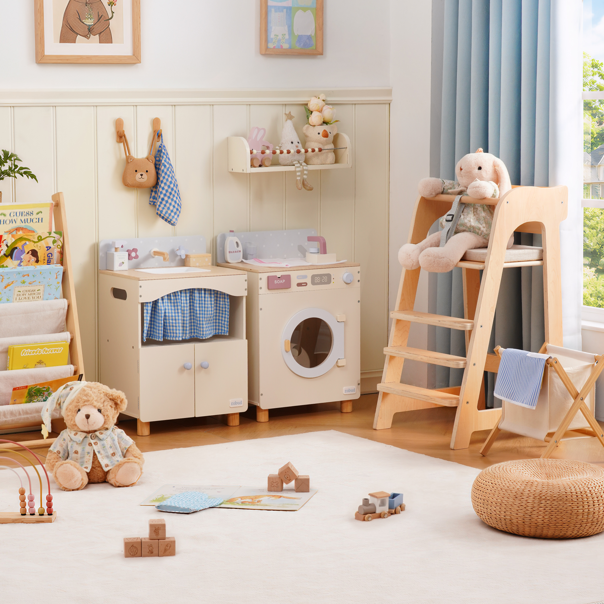 Seasalt Little Home coordinated washing machine, sink cabinet and high chair playroom scene