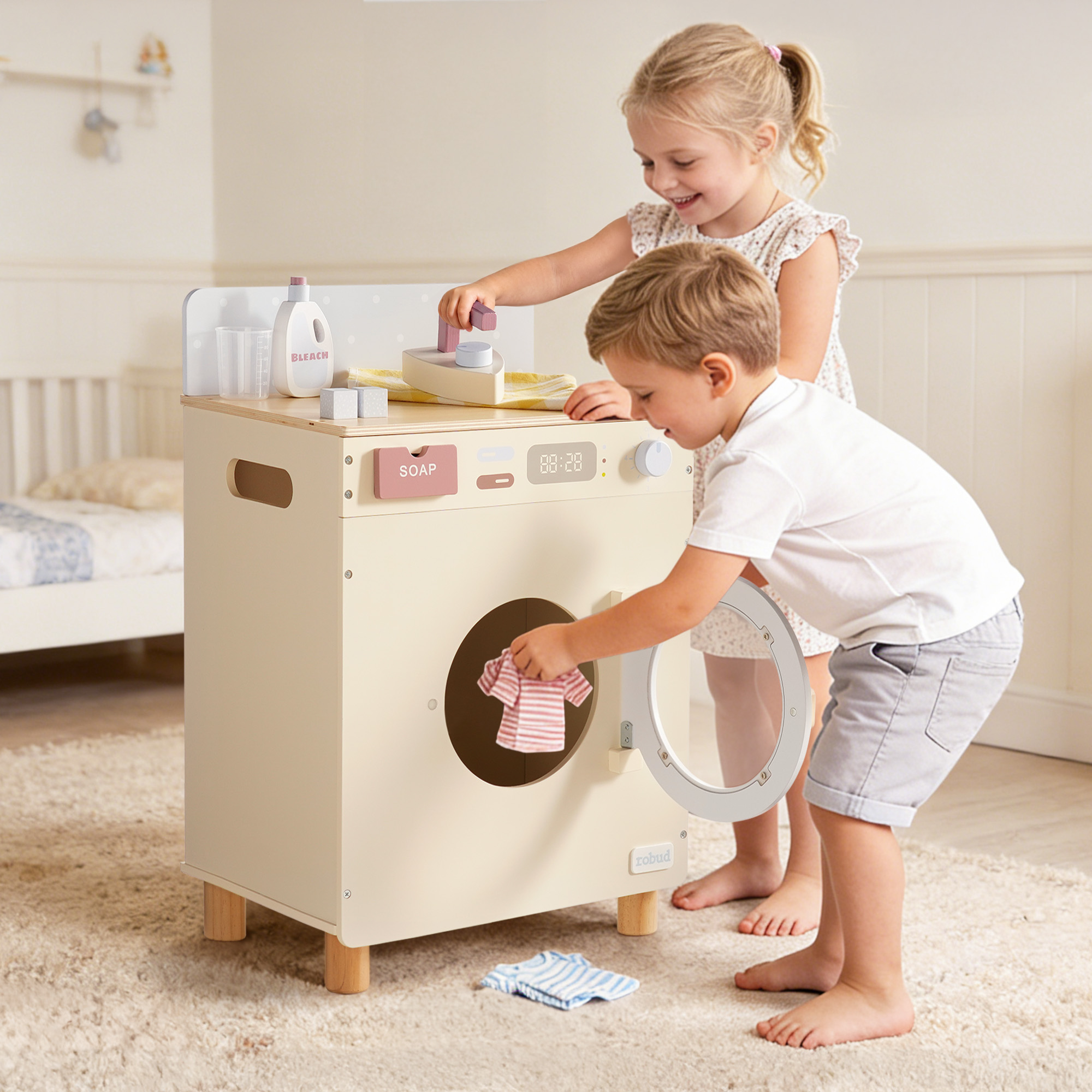ROBUD Wooden Washing Machine Toy with Spinning Drum