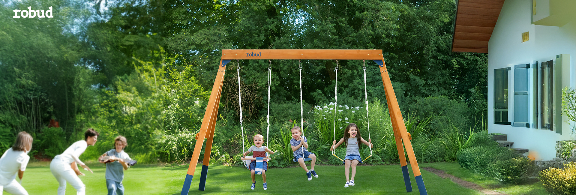 ROBUD Wooden Outdoor Swing Set with Swings for Kids | 3-in-1