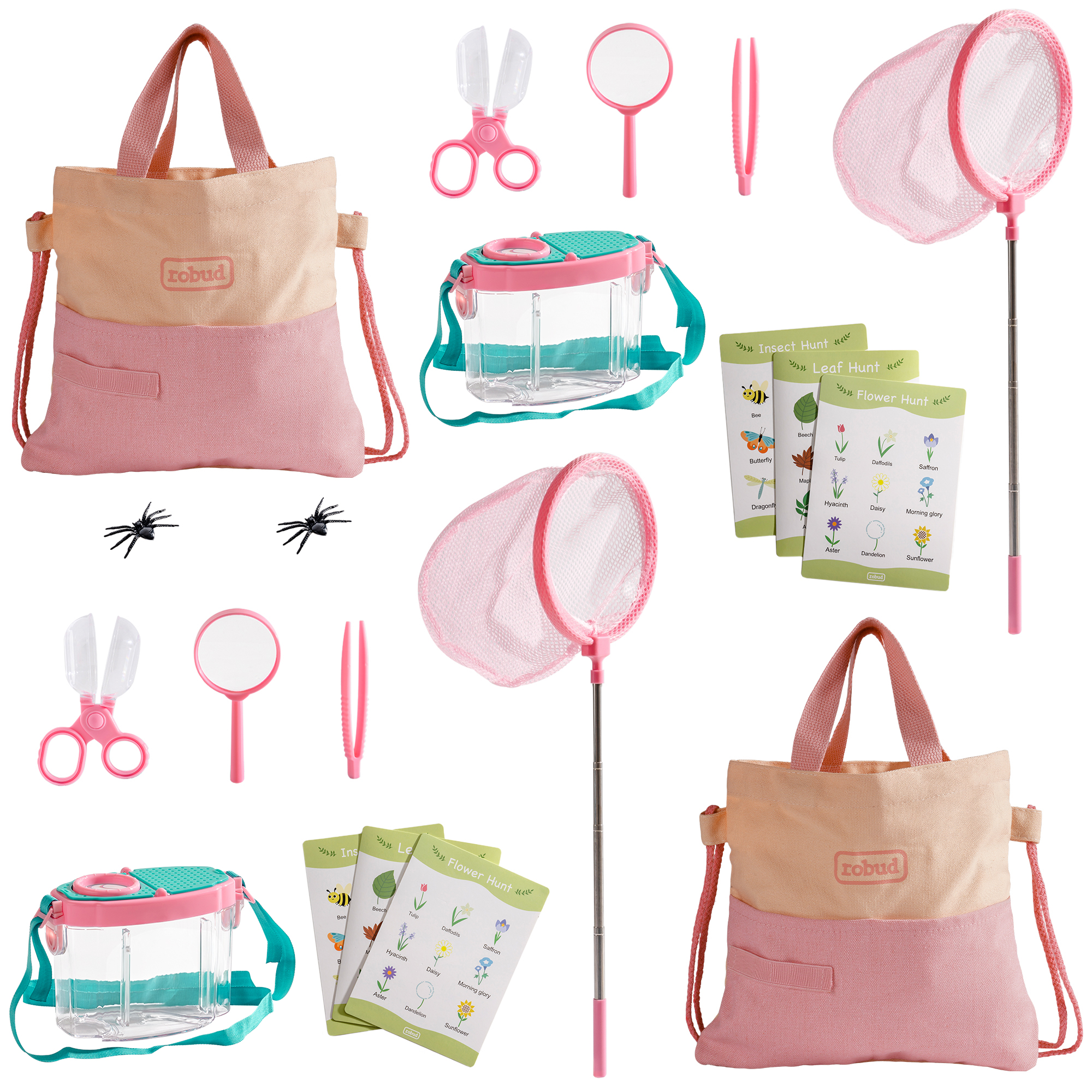 ROBUD Pink Dual Bug Catcher for Kids, Bug Catching Kit with Bag