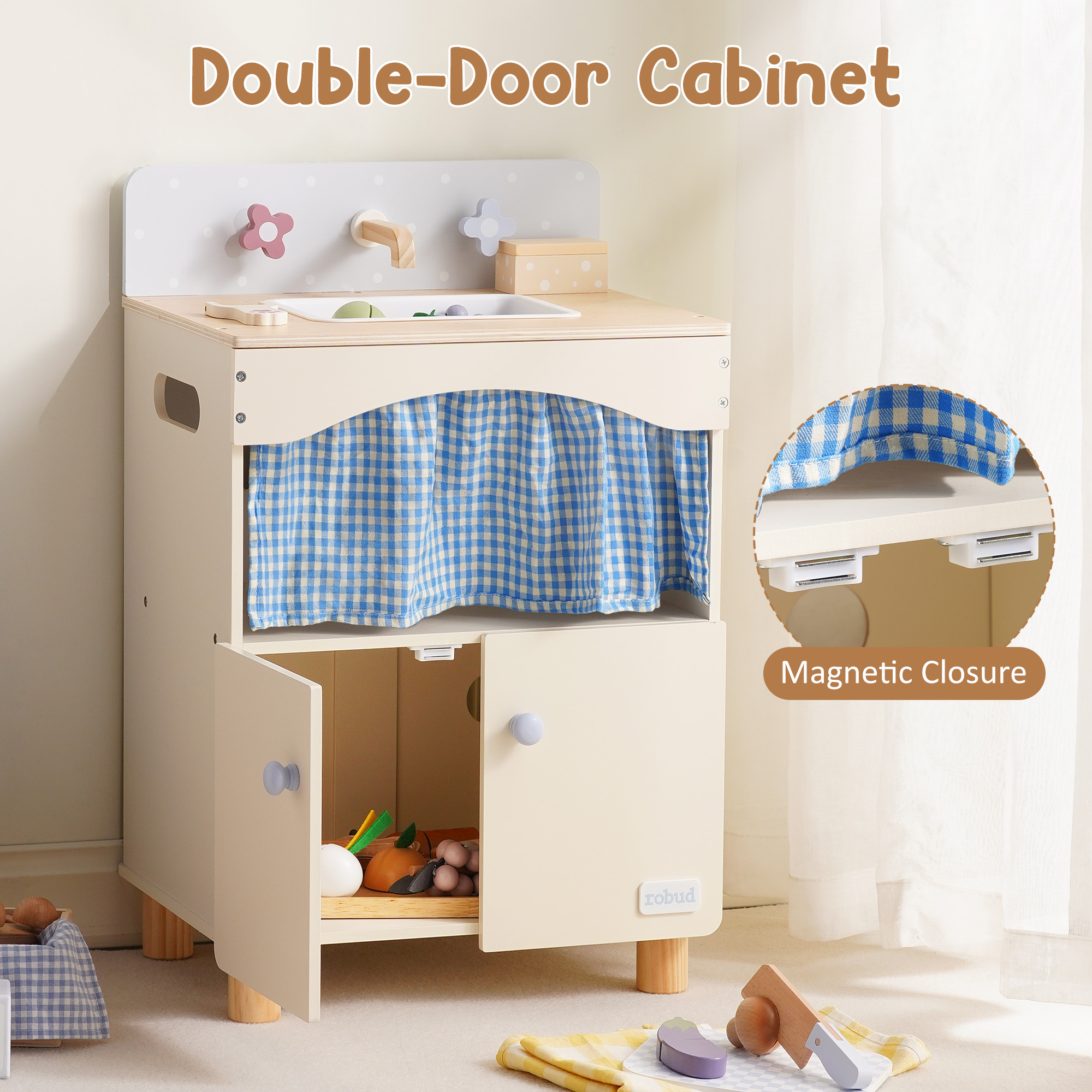 ROBUD Toy Kitchen Cabinet with Realistic Sink and Faucet