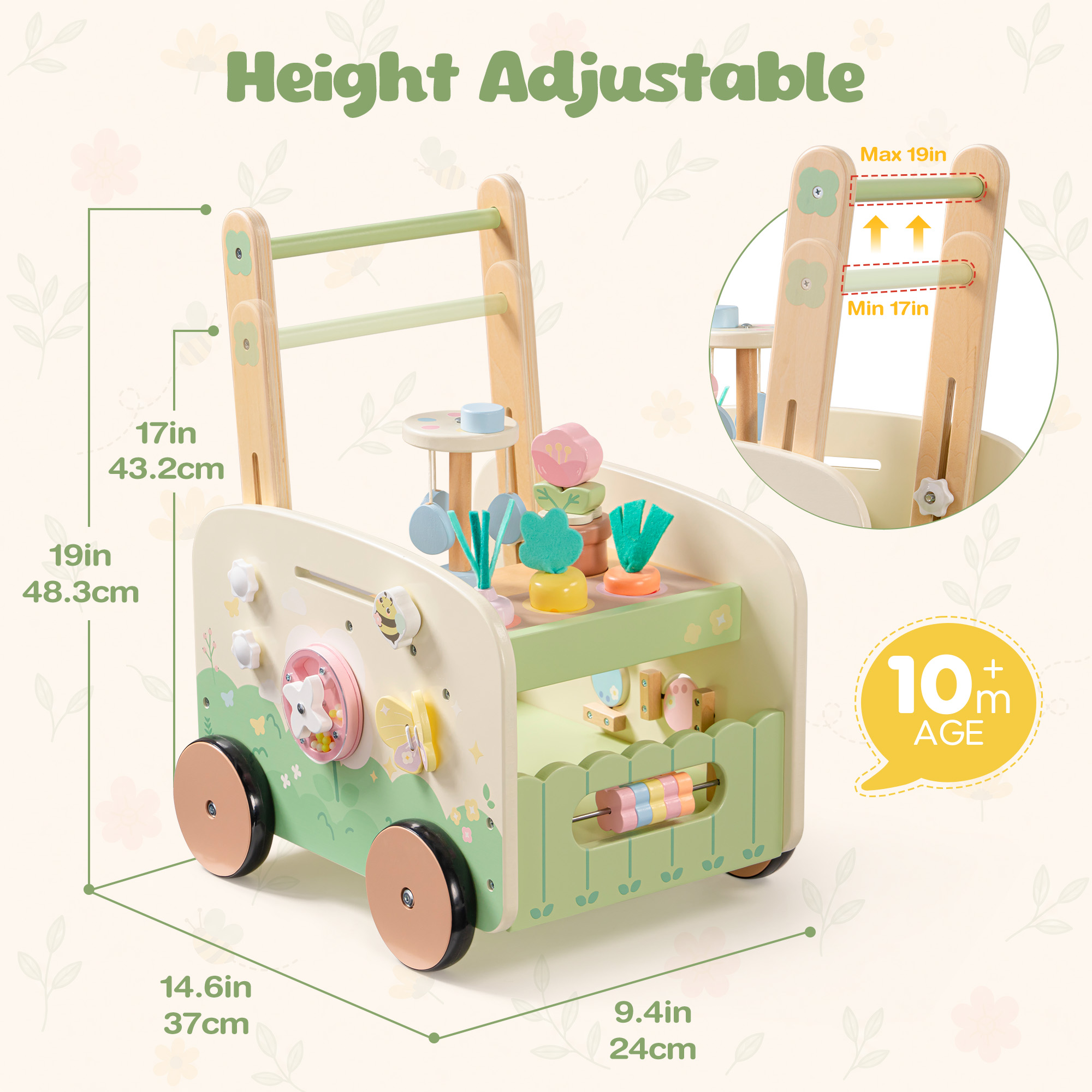 ROBUD Wooden Baby Walker with Garden Activity Center