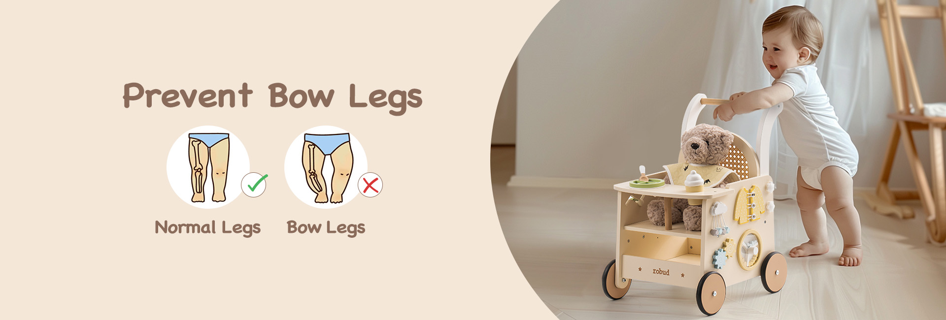 Trotteur Bébé En Bois ROBUD Ajustable - Avec Jeux Sensoriels Et Panier Rangement - Pour 10 à 36 Mois - Sécurité Et évolutif - 2