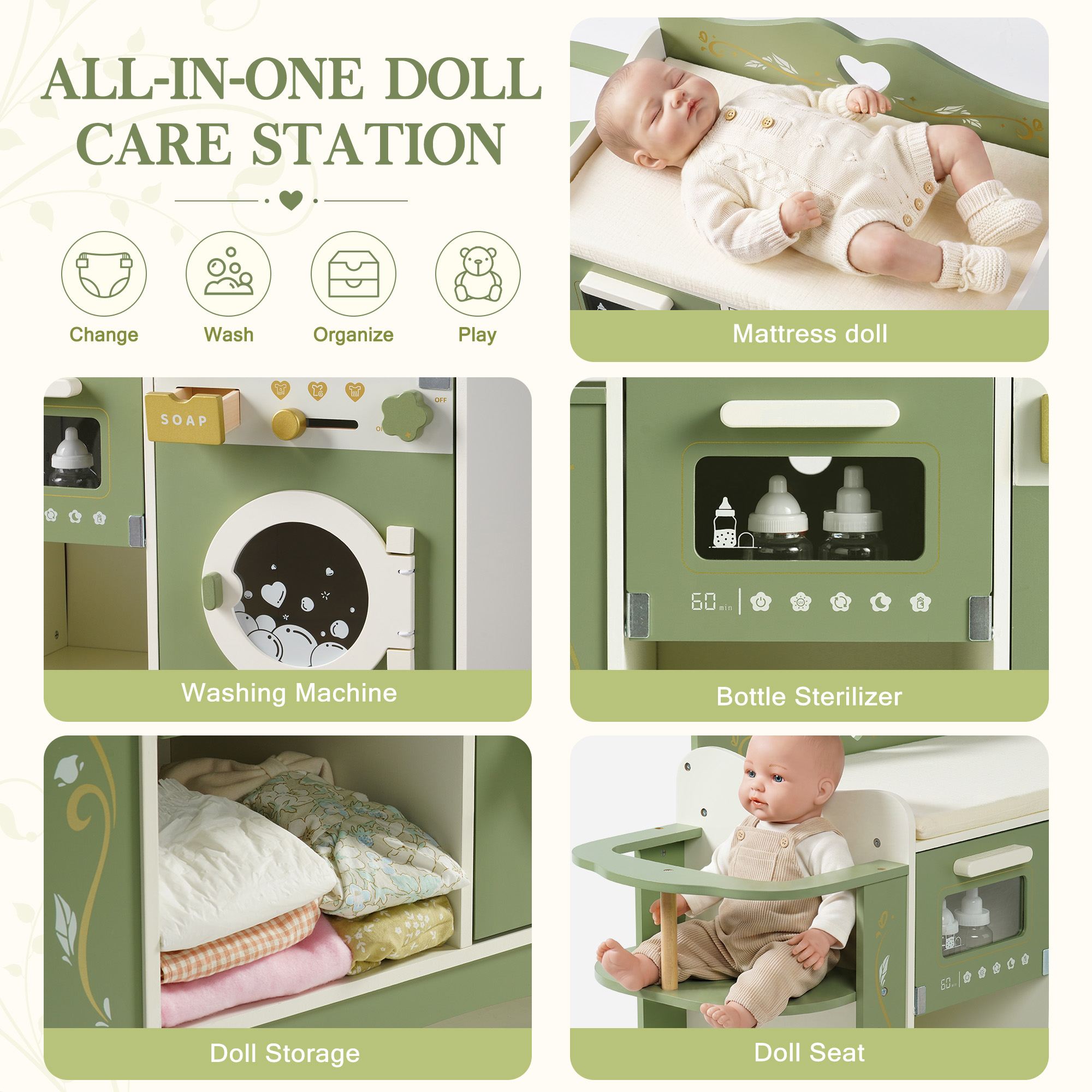 ROBUD 6-in-1 Baby Doll Changing Table - Green