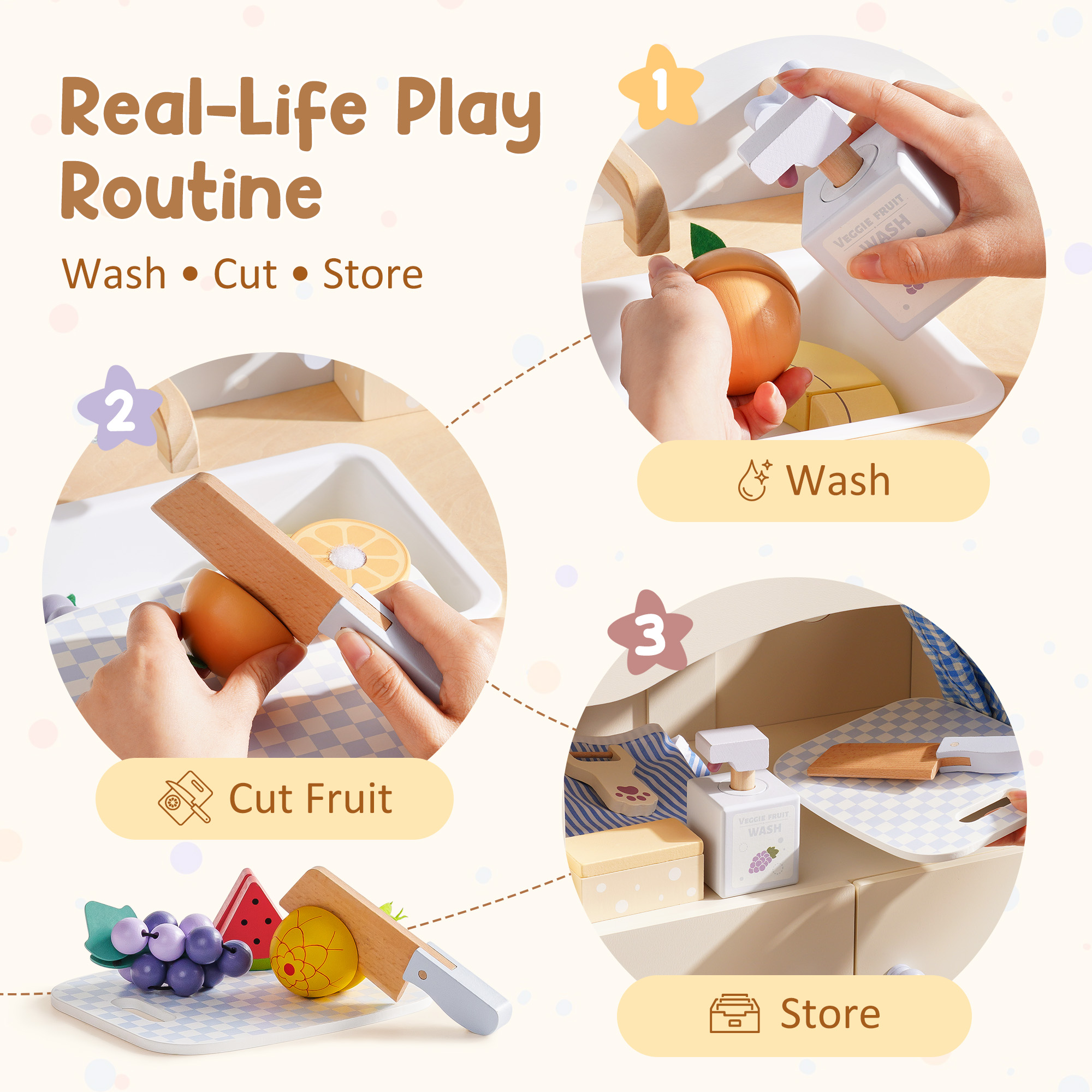 ROBUD Toy Kitchen Cabinet with Realistic Sink and Faucet