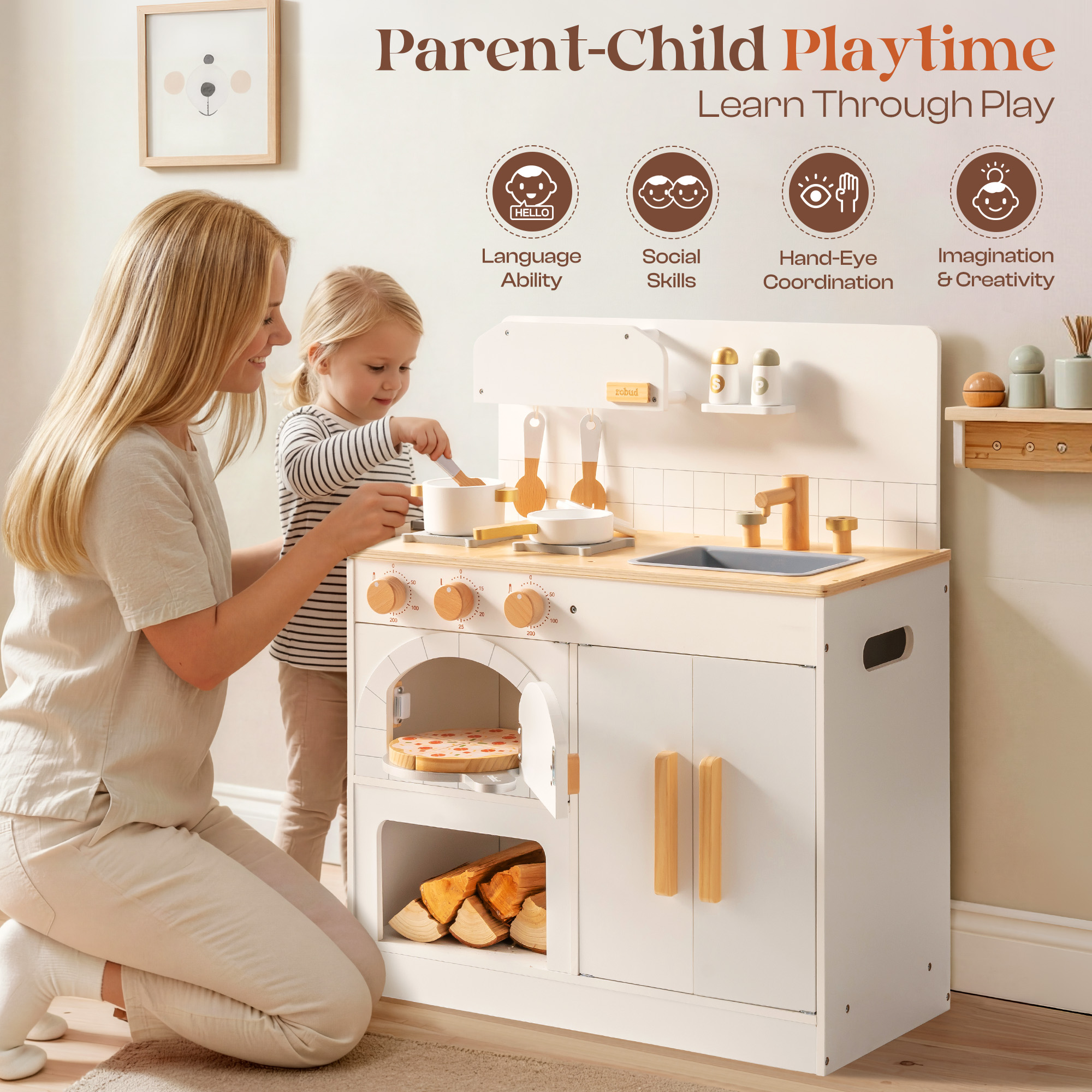 ROBUD Wooden Kids Play Kitchen with Pizza Oven