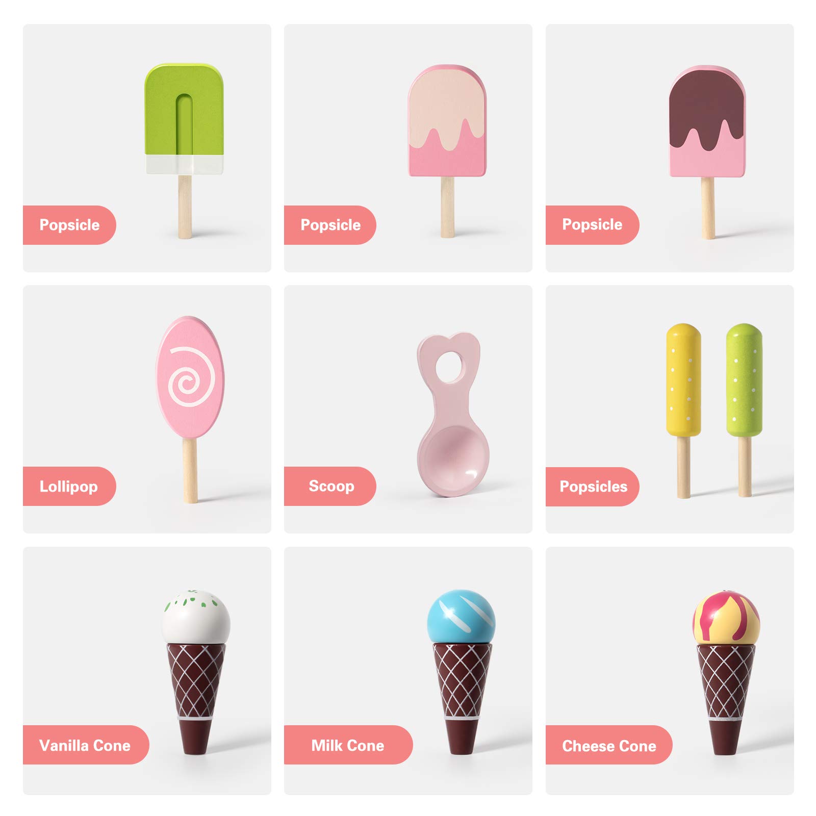 ROBUD Wooden Ice Cream Cart Toys for Kids