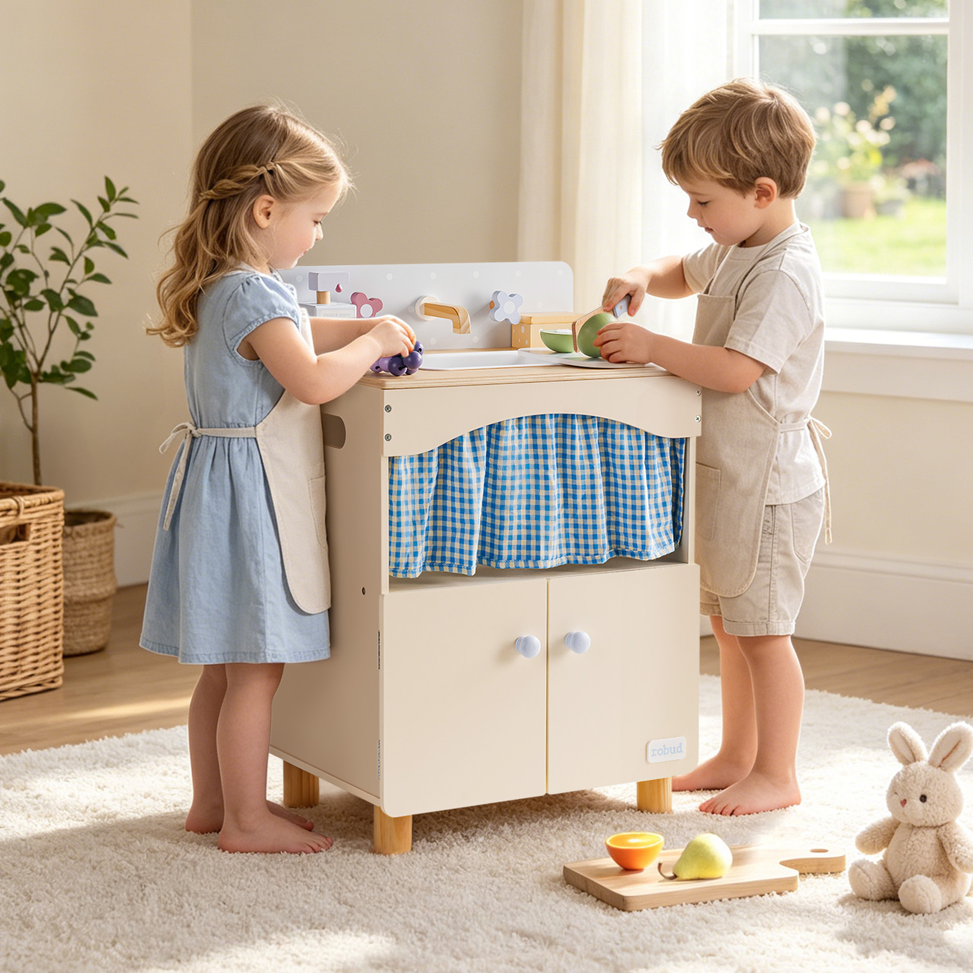 ROBUD Toy Kitchen Cabinet with Realistic Sink and Faucet