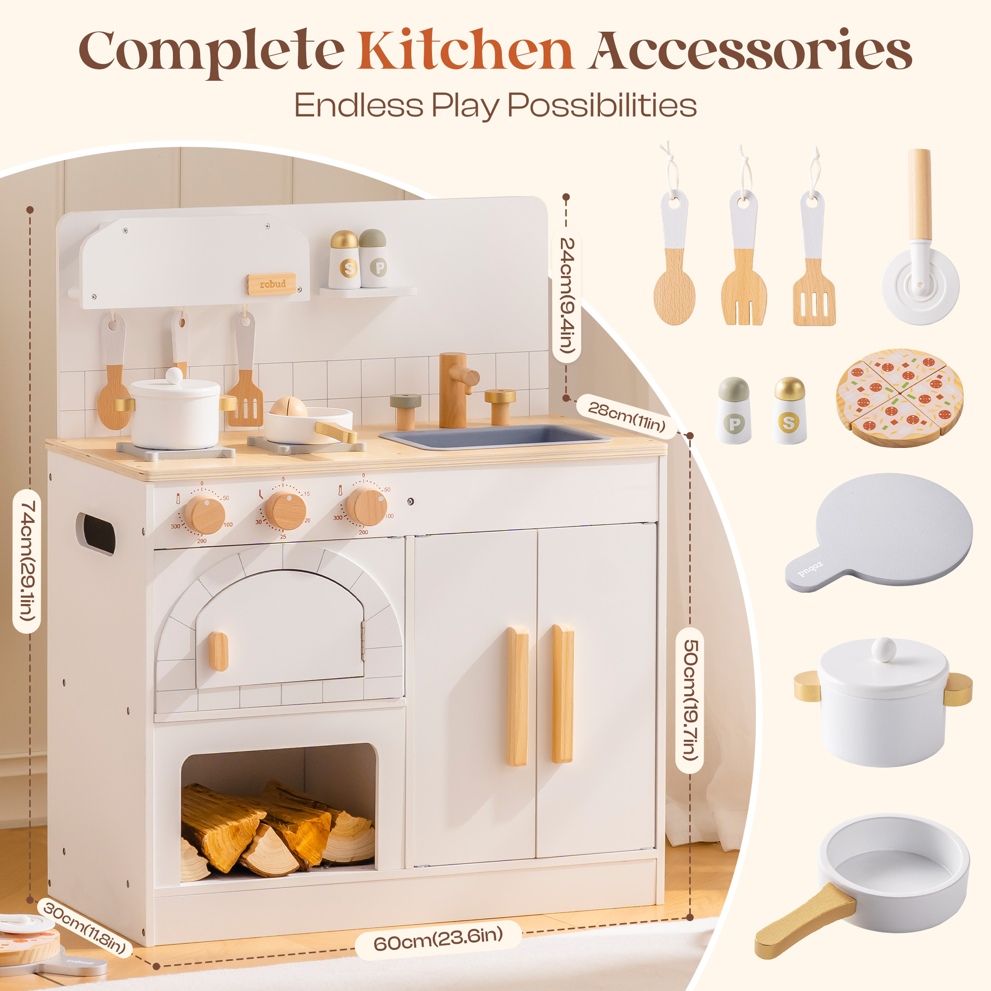 ROBUD Wooden Kids Play Kitchen with Pizza Oven