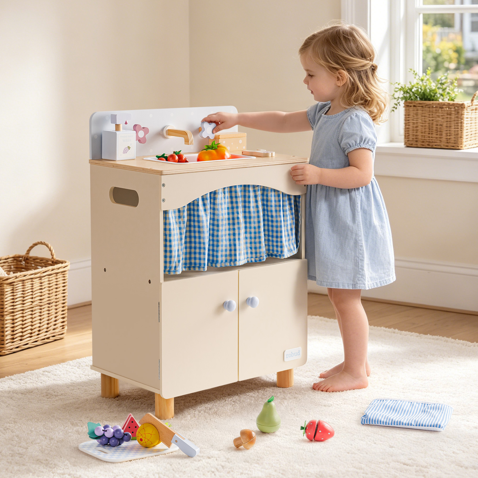ROBUD Toy Kitchen Cabinet with Realistic Sink and Faucet