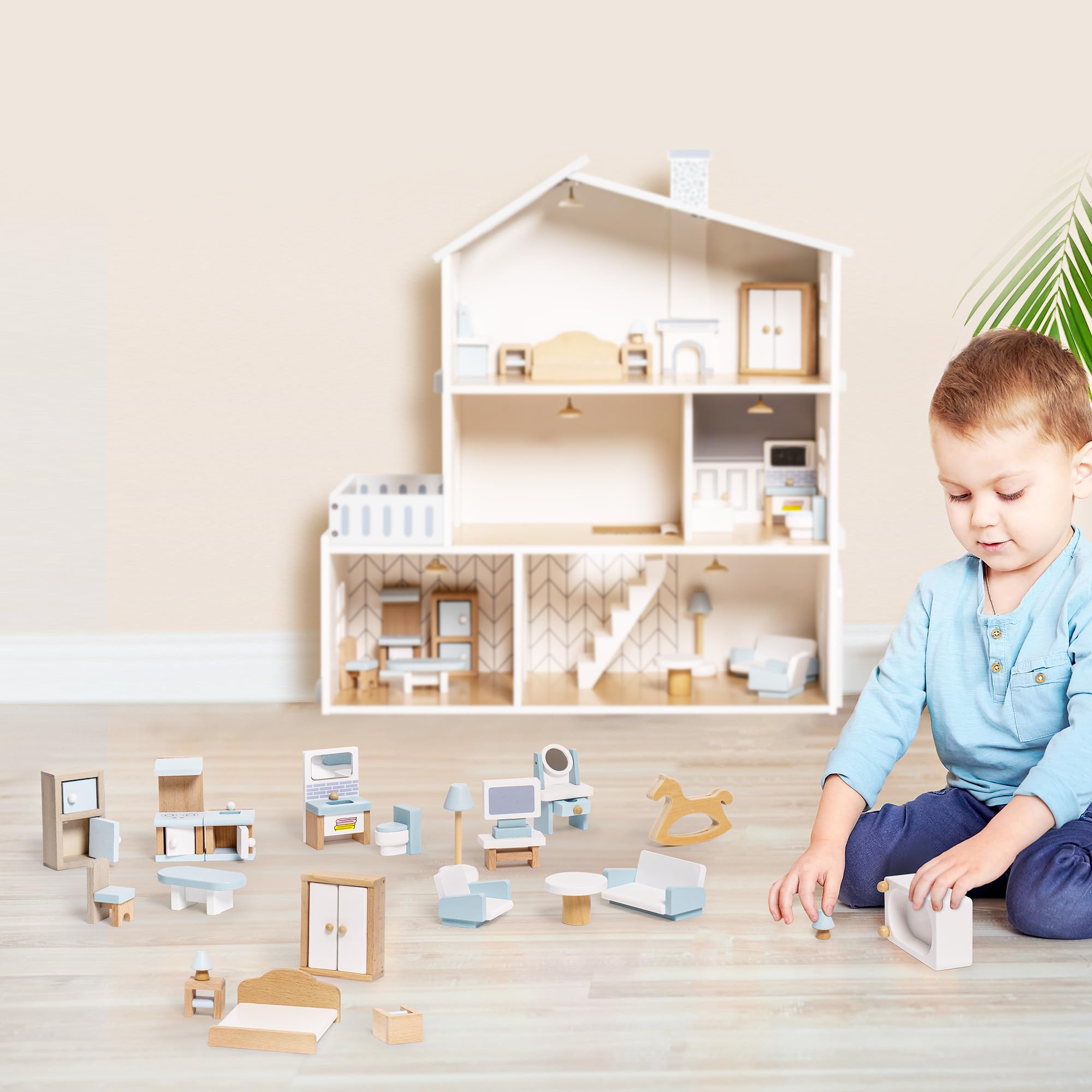 ROBUD Wooden Dollhouse Furniture Set