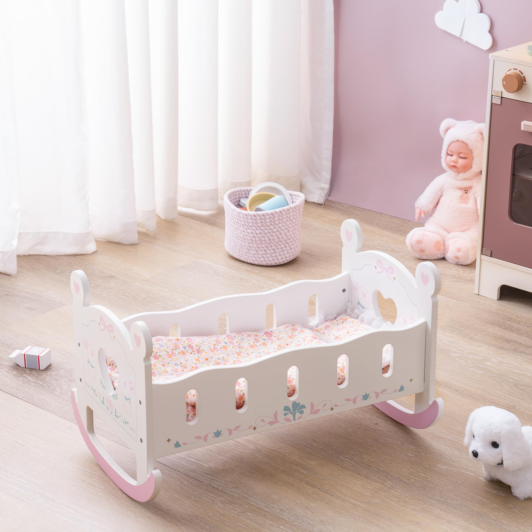 ROBUD Wooden Baby Doll Crib, Baby Doll Bed Toys with Mattress, Pillow, Quilt, Gift for Boys & Girls, Ages 3+