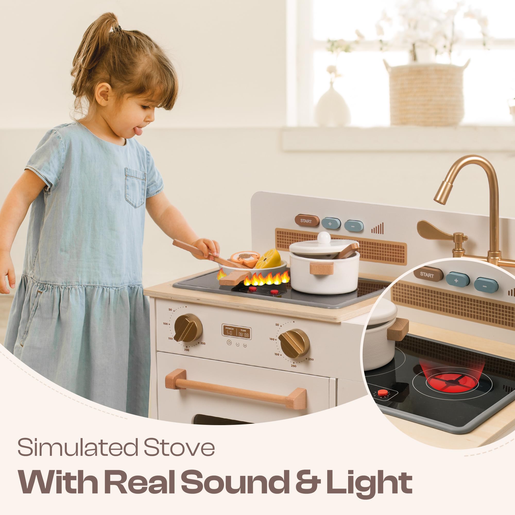 BlueWood Wooden Kids Kitchen Playset In Creamy Pink - With Induction Hob, Oven, Ice Maker & Realistic Sounds