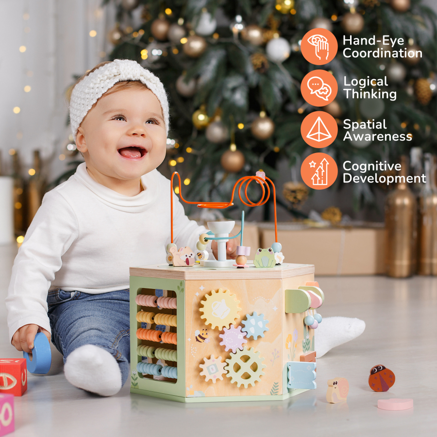 WOOD CITY Wooden Activity Cube For Toddlers 1-3, 7-in-1 Montessori Toys  Gift Set For 12+ Months Boys Girls, Educational Learning Toys For Year 