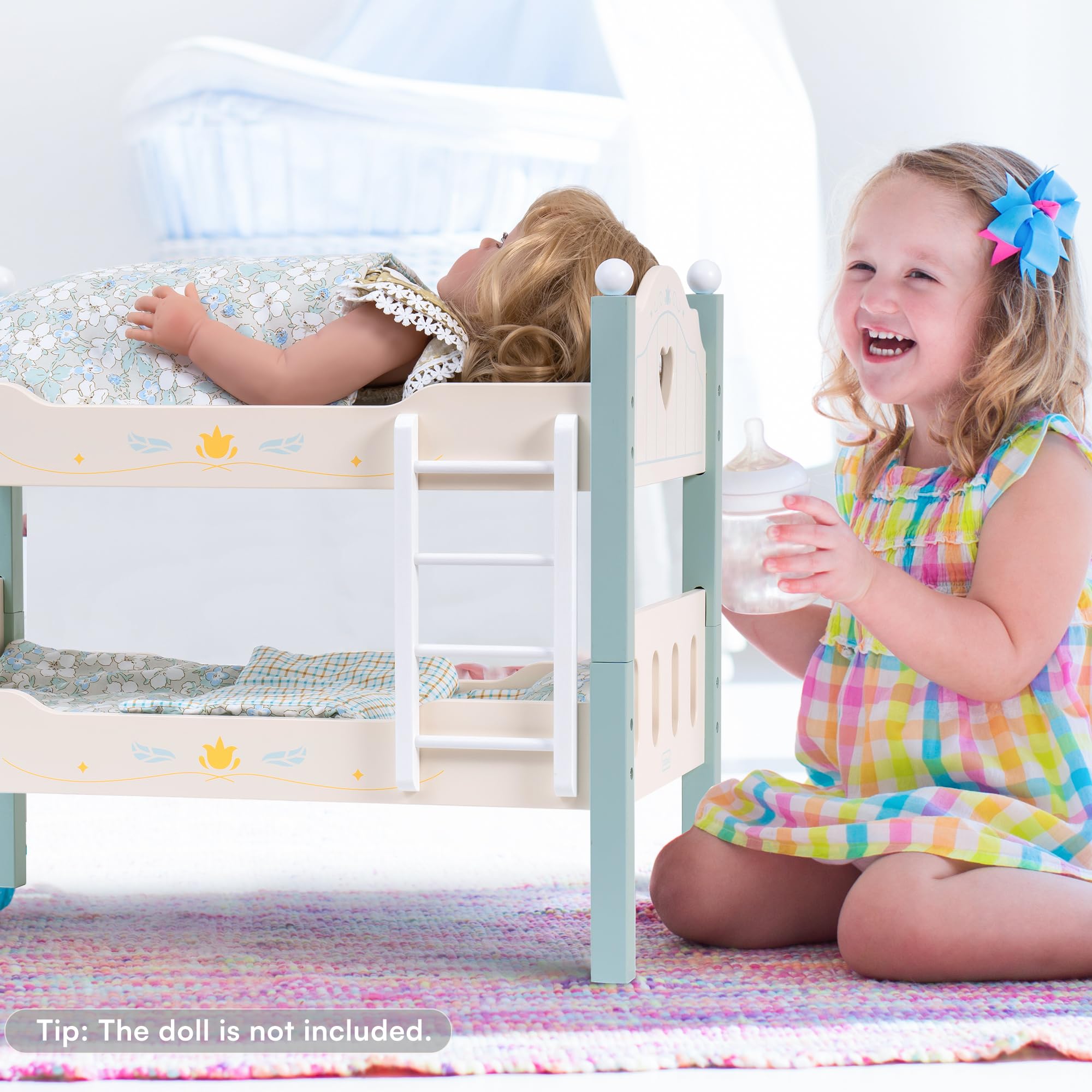 ROBUD Wooden Baby Doll Bed with Ladder and Bedding