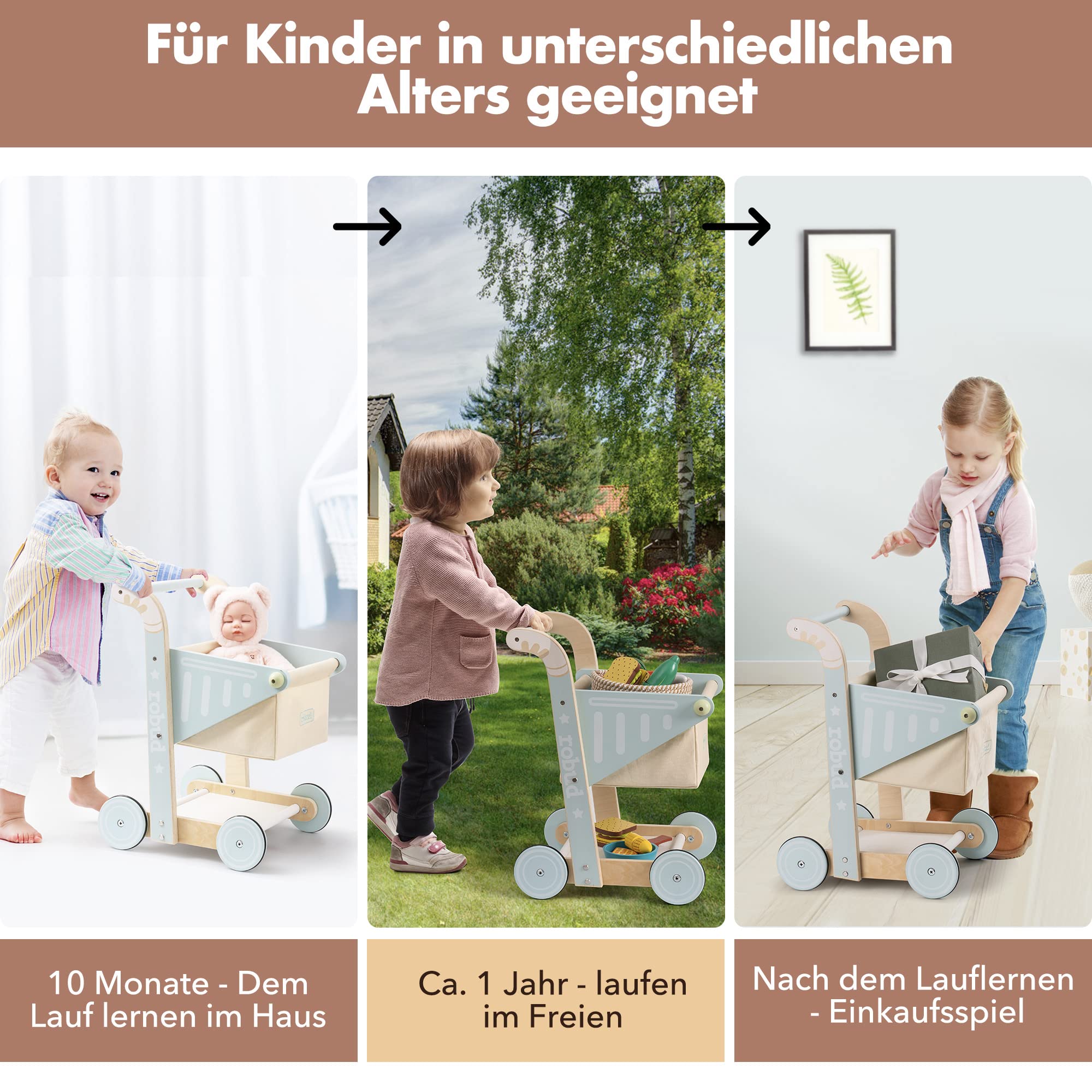 ROBUD Wooden Baby Push Walker - Shopping Cart