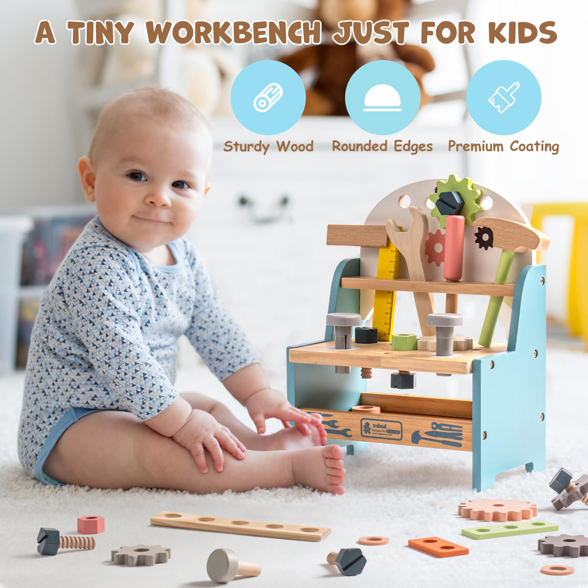 ROBUD Mini Wooden Play Tool Workbench Set