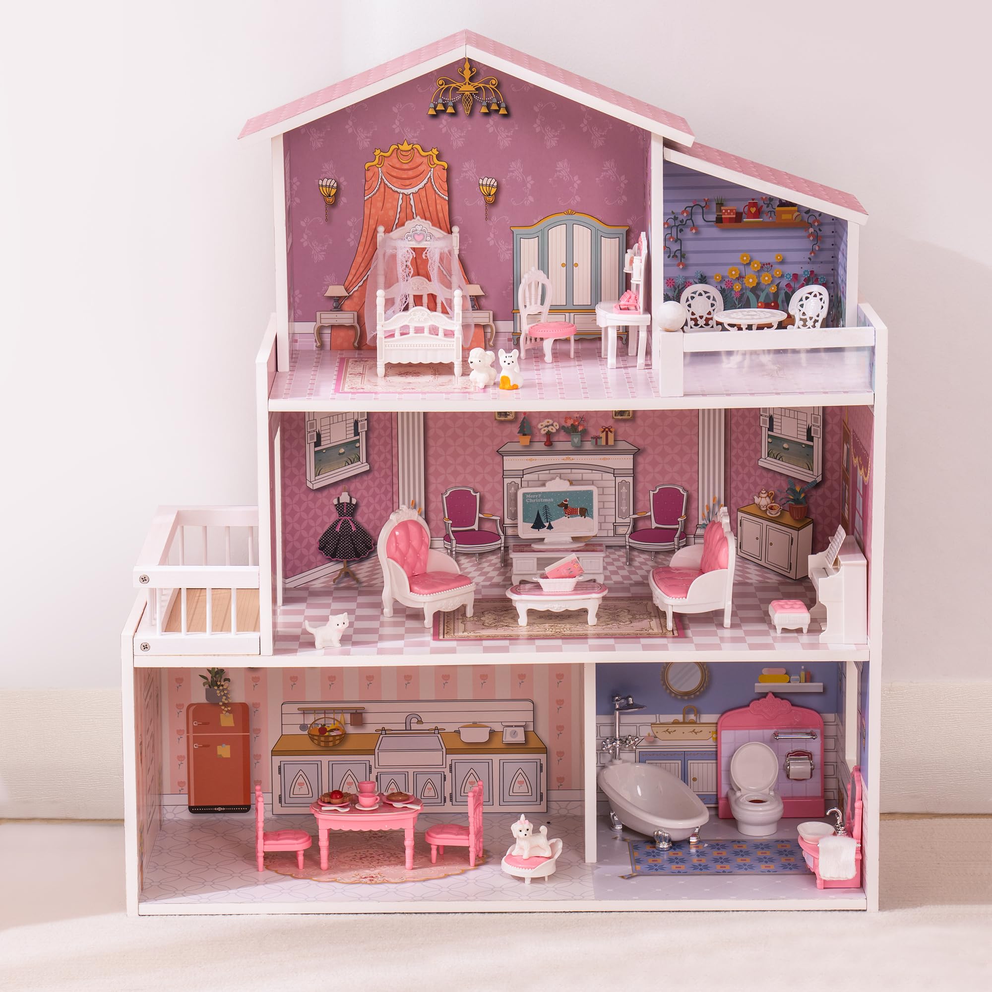 ROBUD Wooden Dollhouse for Kids with 24pcs Furniture Preschool