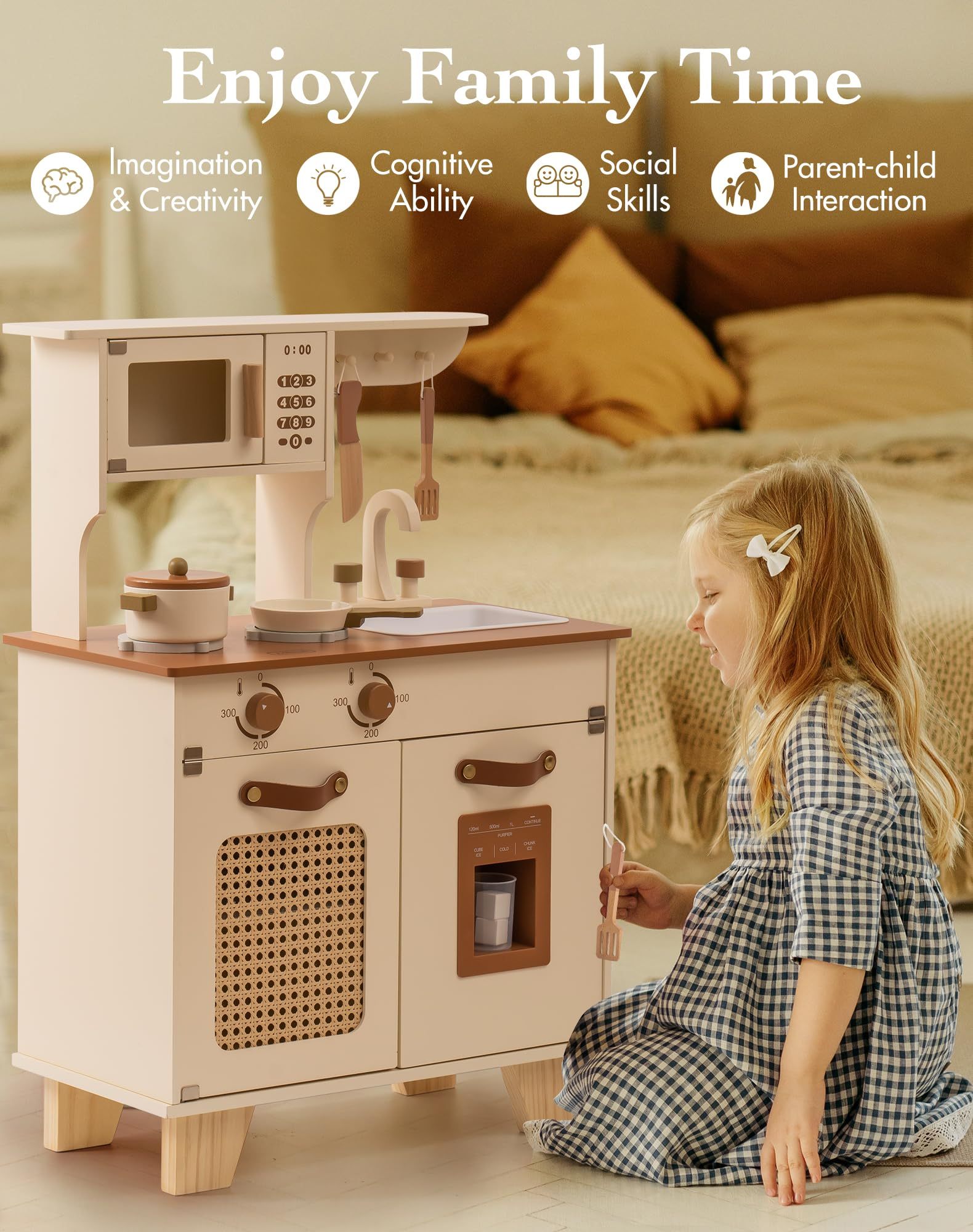 ROBUD Kids Kitchen Playset, Mocha Montessori Wooden Play Kitchen with ...
