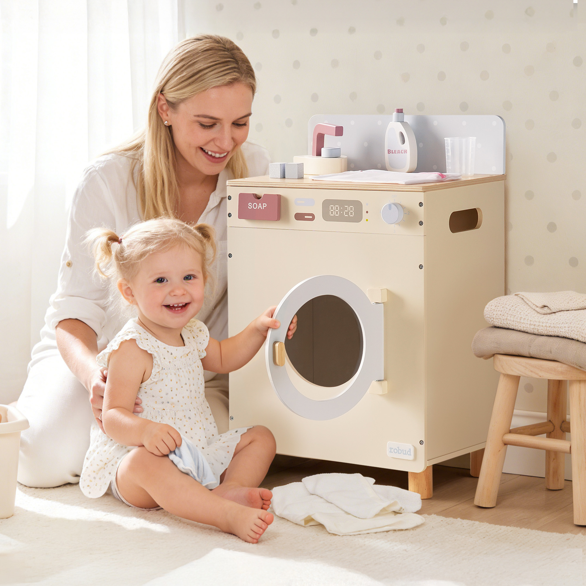 ROBUD Wooden Washing Machine Toy with Spinning Drum