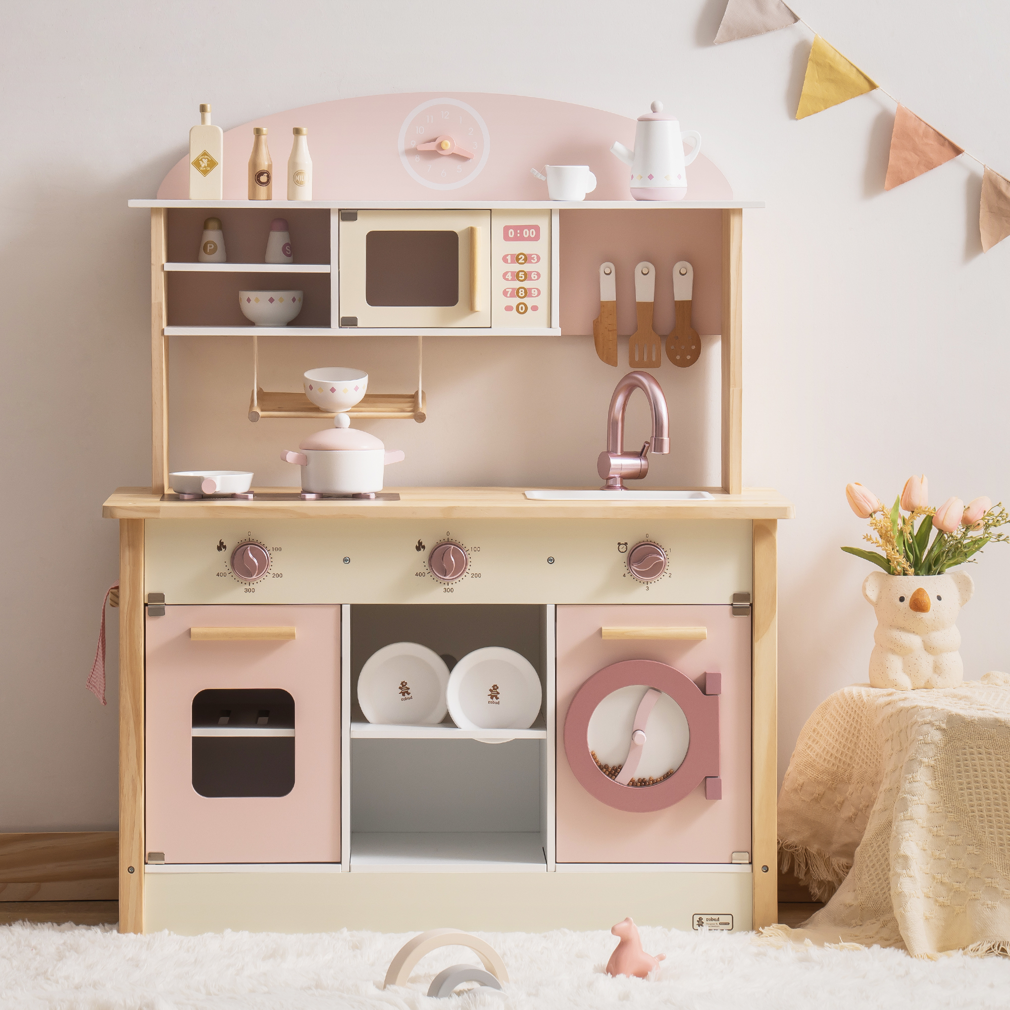 ROBUD Wooden Play Kitchen with Realistic Accessories