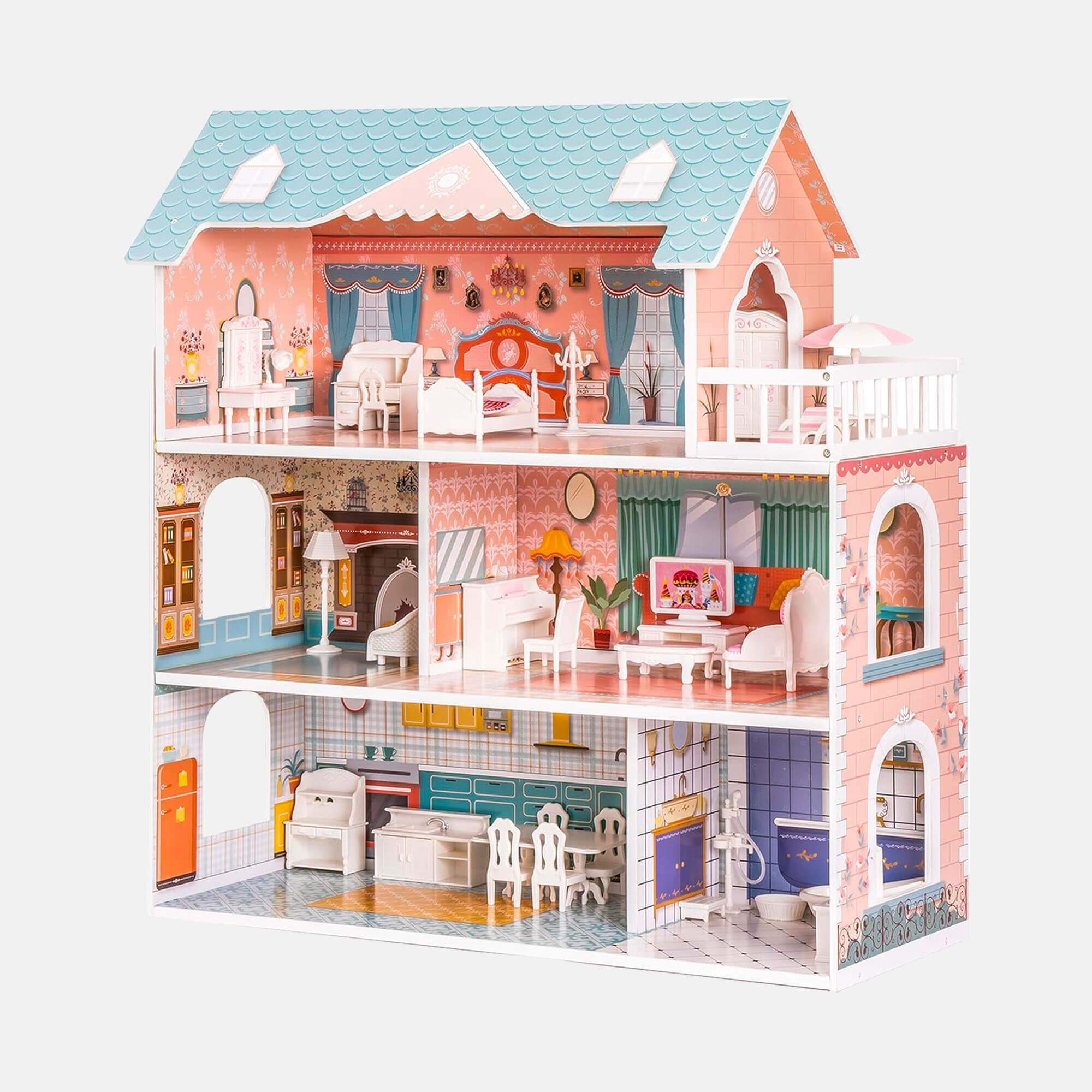 ROBUD Wooden Dollhouse for Kids Girls with Furniture