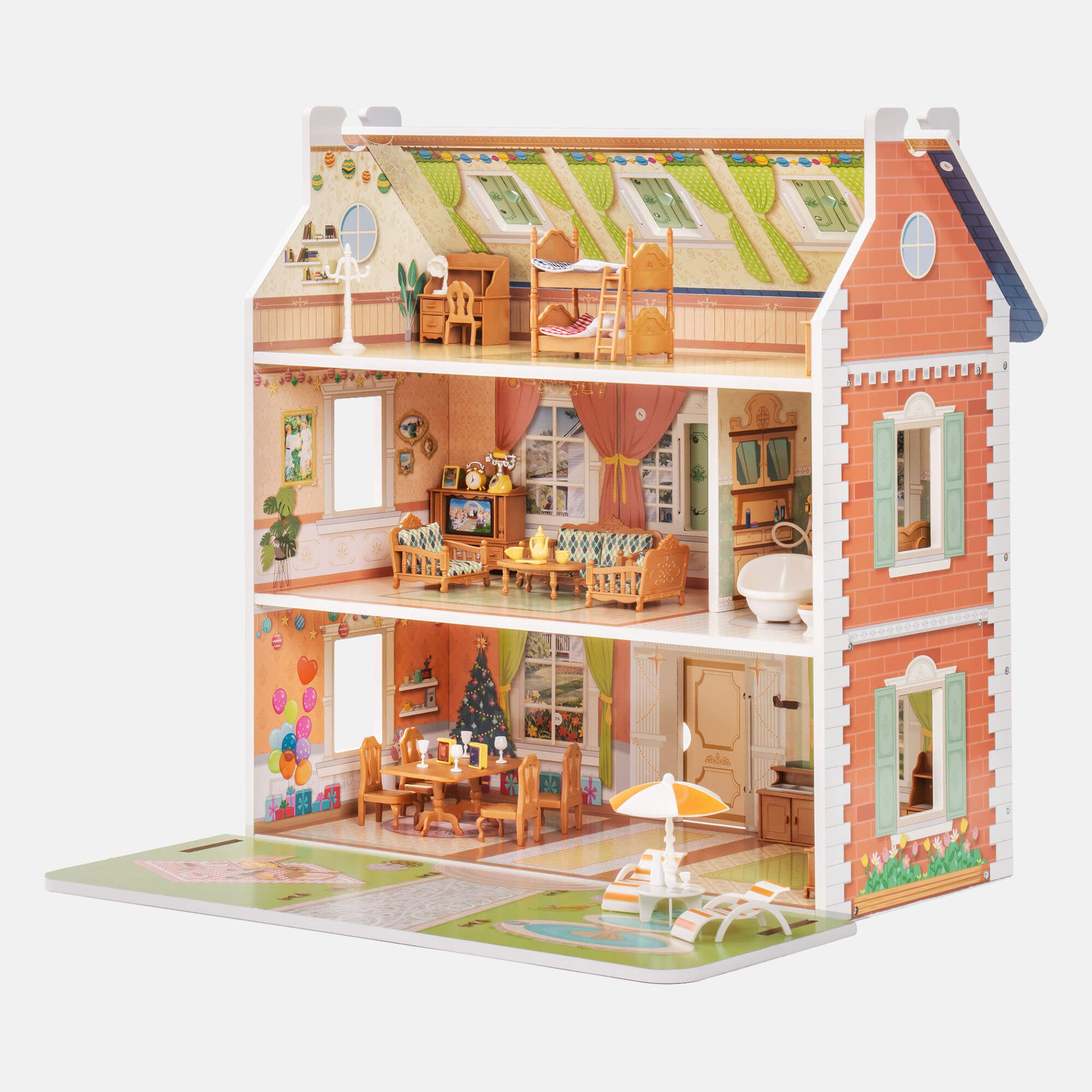 ROBUD Doll House 3 in 1 Wooden Dollhouse Dreamhouse for Kids Toddler WDH07