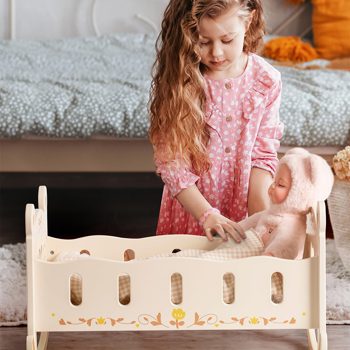 ROBUD Wooden Baby Doll Cradle with Bedding Doll Rocking Cradle
