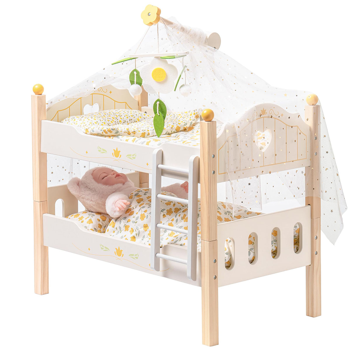 ROBUD Wooden Baby Doll Bed with Ladder and Bedding