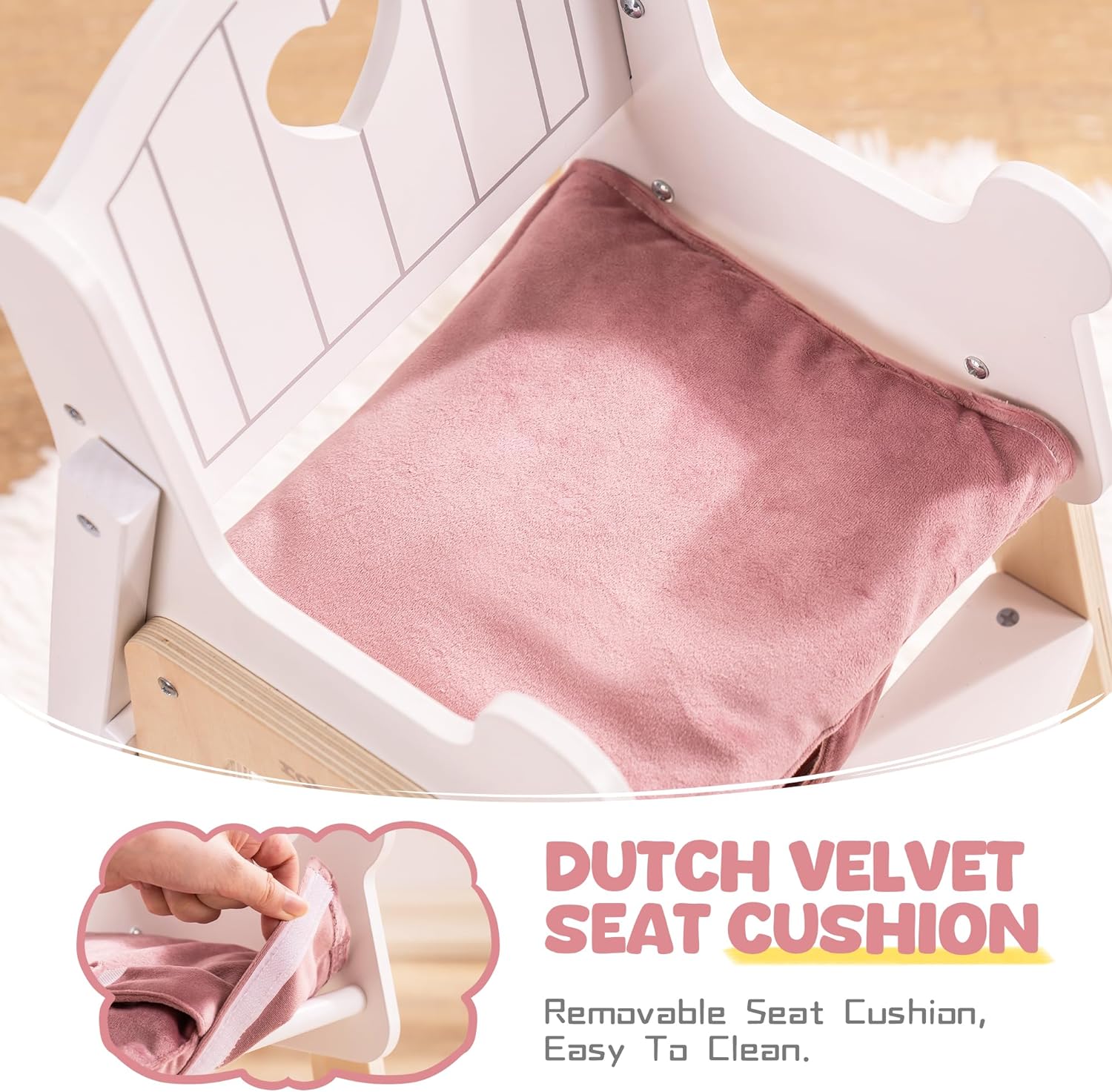 ROBUD Wooden Doll High Chair With Cushion & Movable Table - Fits 18-20" Dolls, Pretend Play Accessory