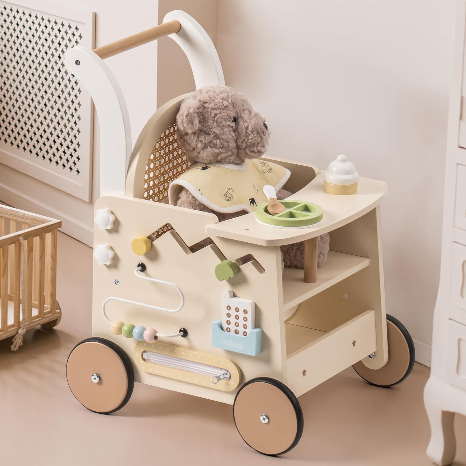 Trotteur Bébé En Bois ROBUD Ajustable - Avec Jeux Sensoriels Et Panier Rangement - Pour 10 à 36 Mois - Sécurité Et évolutif - 4