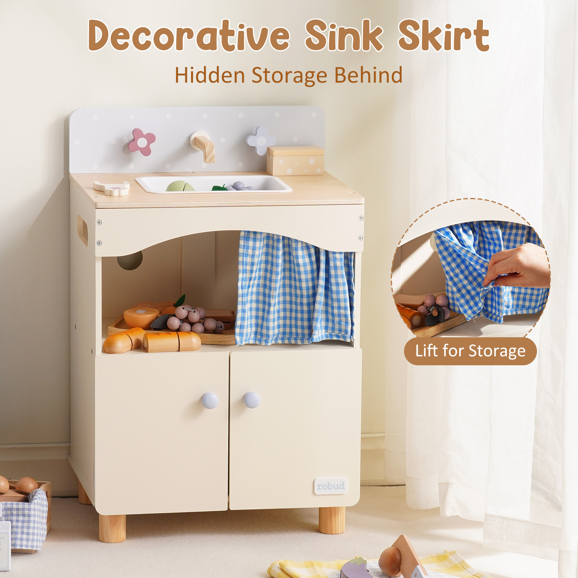 ROBUD Toy Kitchen Cabinet with Realistic Sink and Faucet