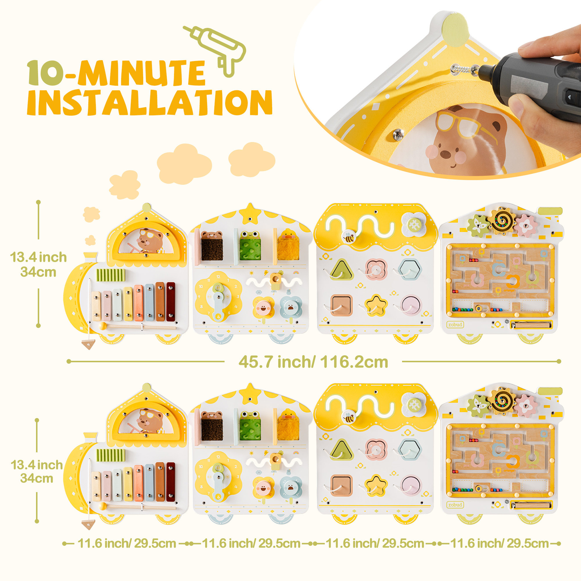 ROBUD Wooden Wall-Mounted Busy Board for Children | 8-In-1