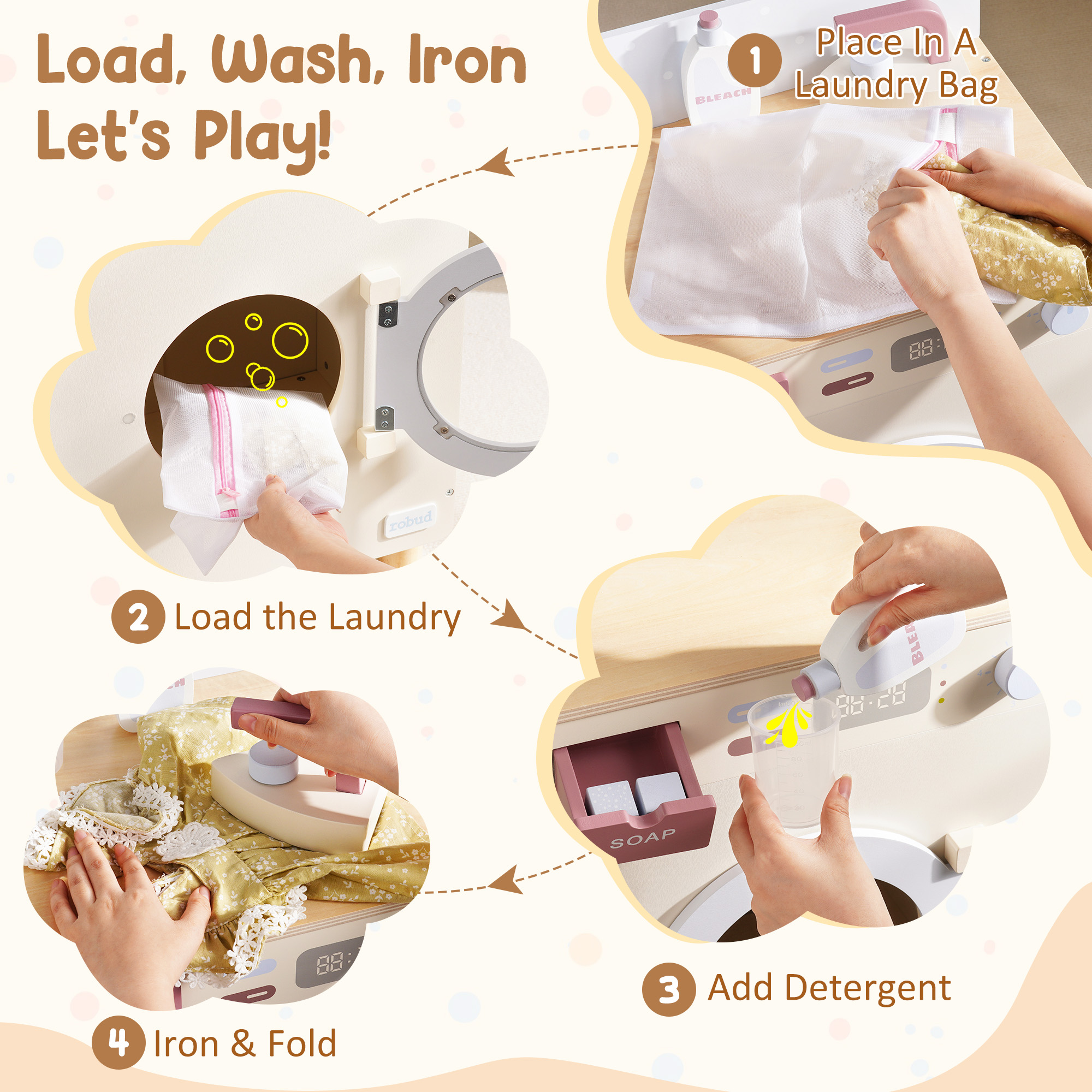 ROBUD Wooden Washing Machine Toy with Spinning Drum