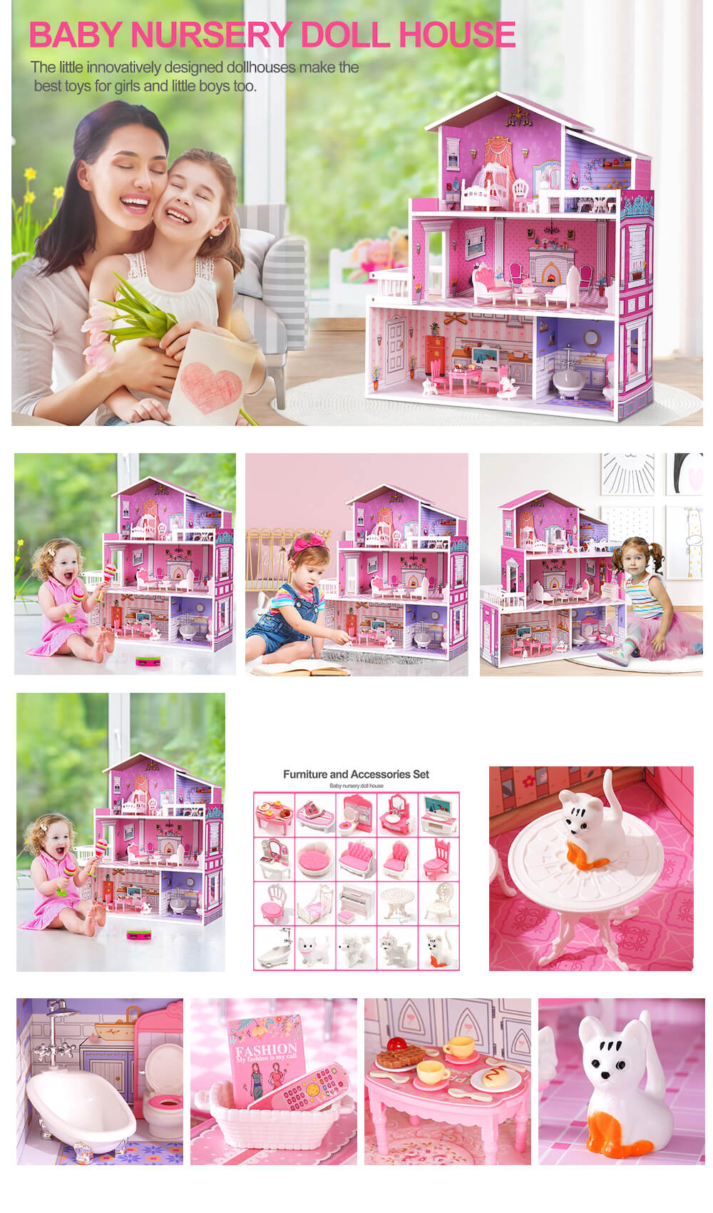 ROBUD Wooden Victoria Dollhouse Playset with 24 PCS Furniture, Pretend Play Toys Gift for Kids & Toddlers