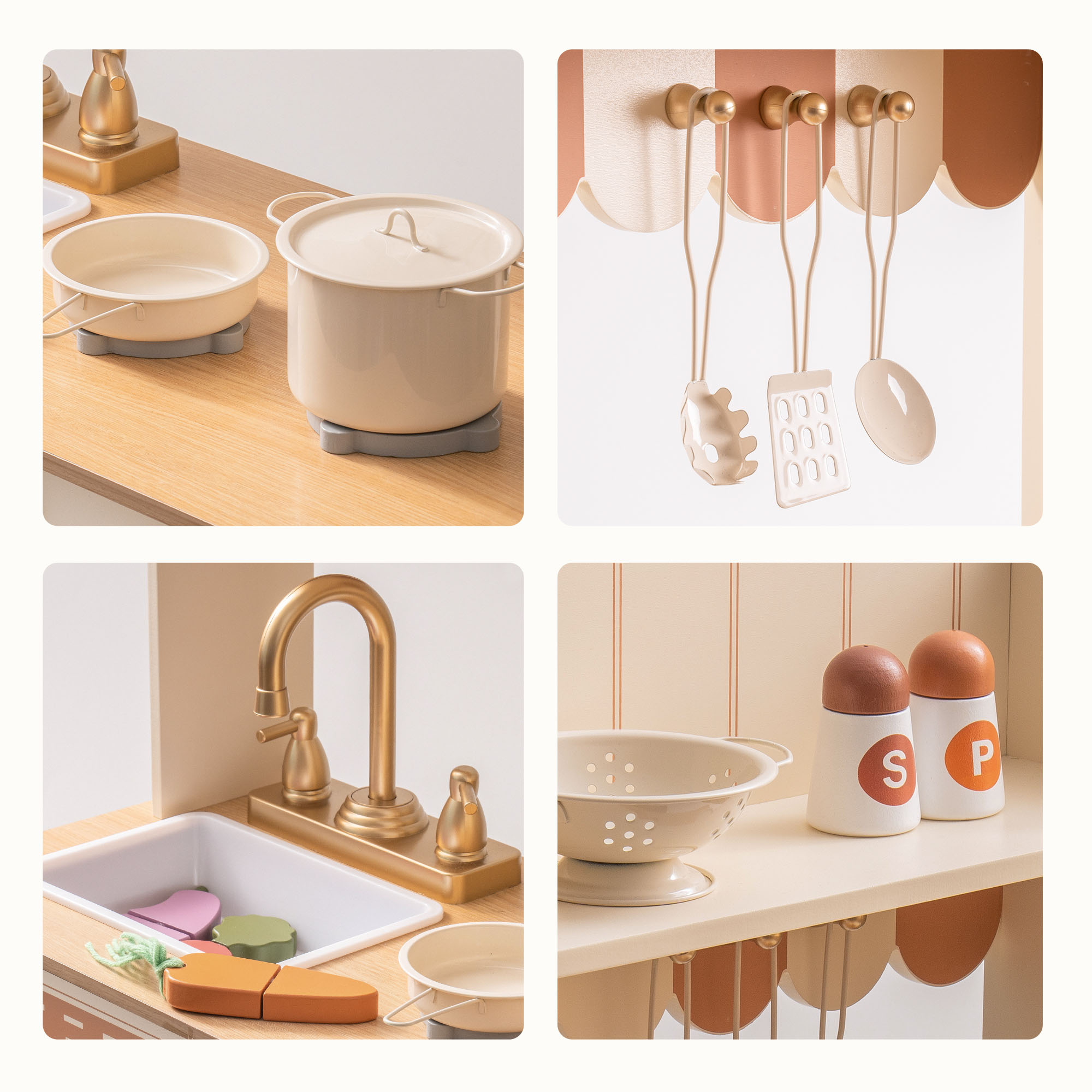 Cuisine Jouet En Bois Moderne Pour Enfants - Blanc Et Or, Avec Four, évier, Réfrigérateur, Accessoires