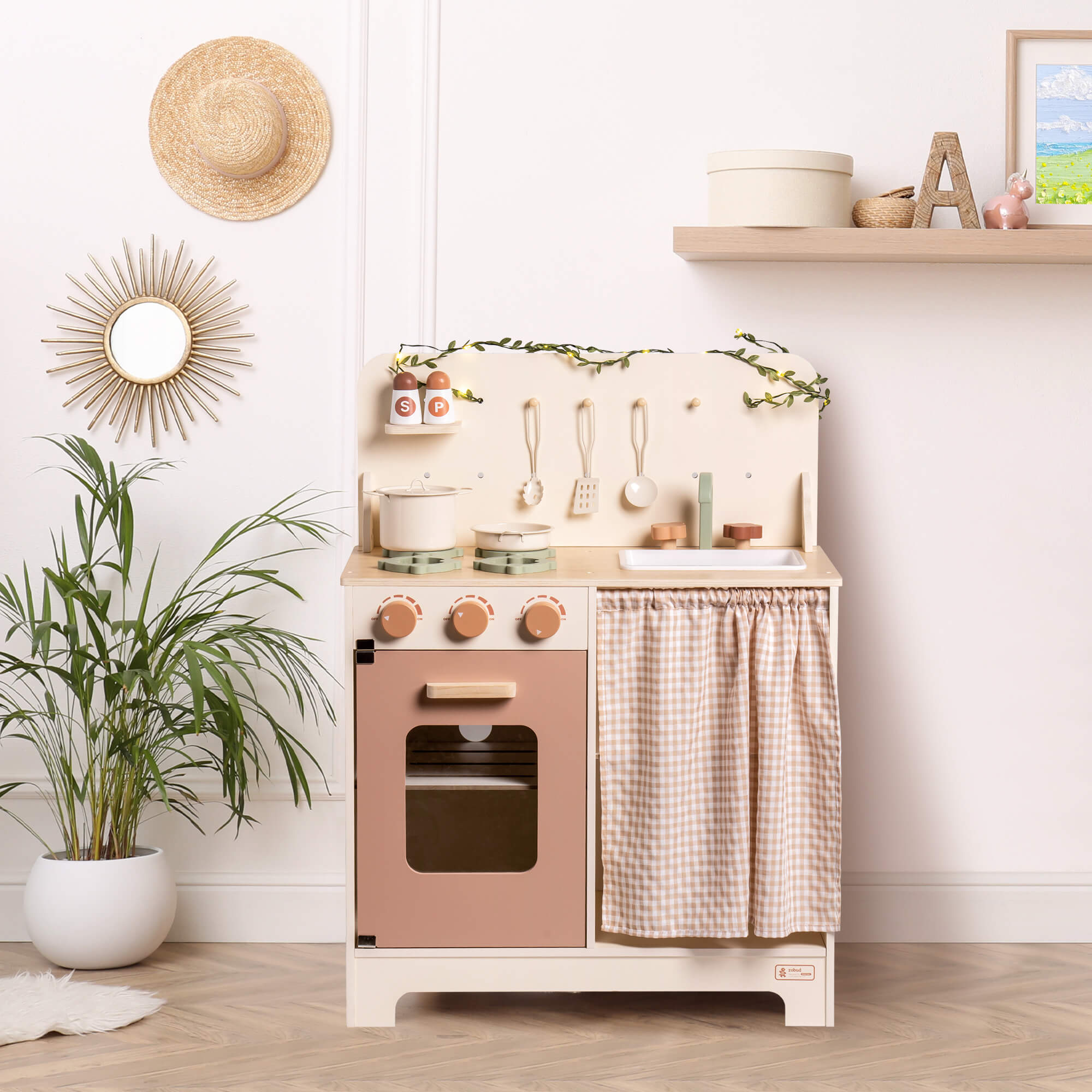 ROBUD Rustic Wooden Kids Play Kitchen Set  with Leaf Light String