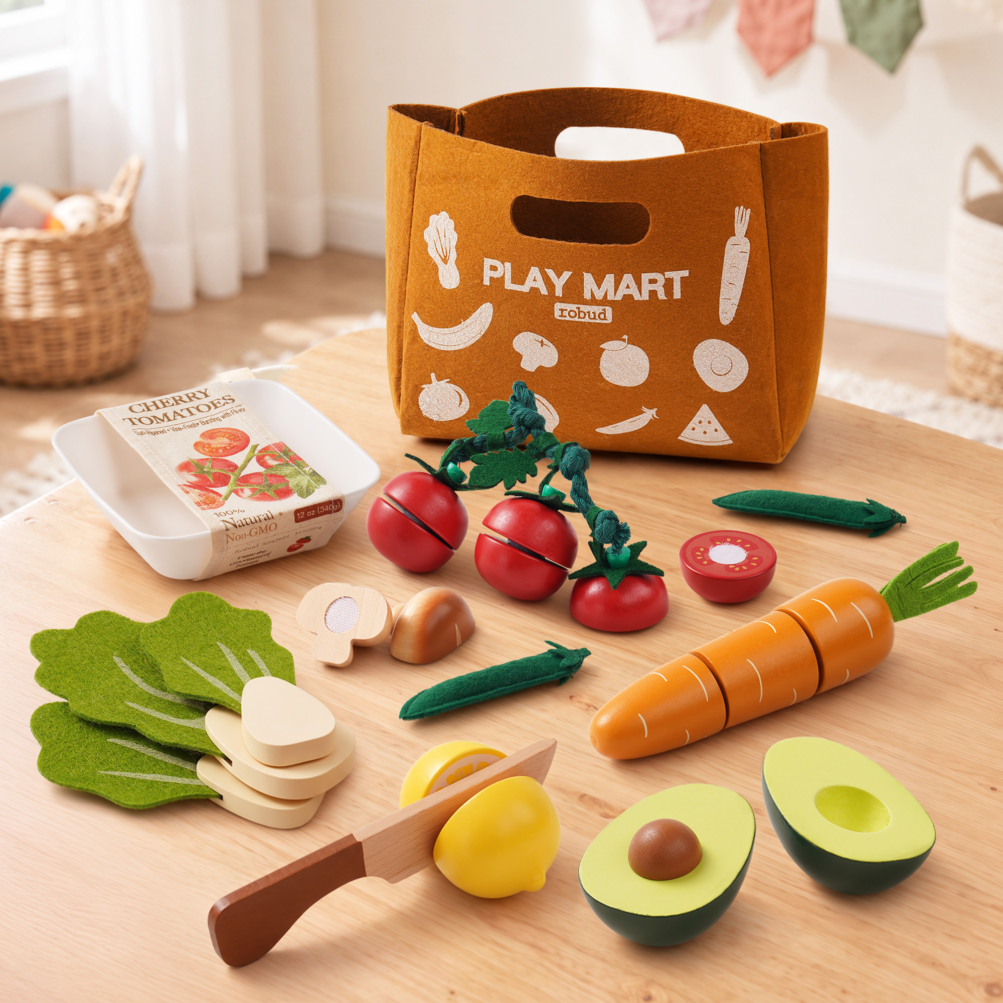 ROBUD Wooden Vegetable Cutting Play Food Set with Play Mart Tote Bag – Image 1