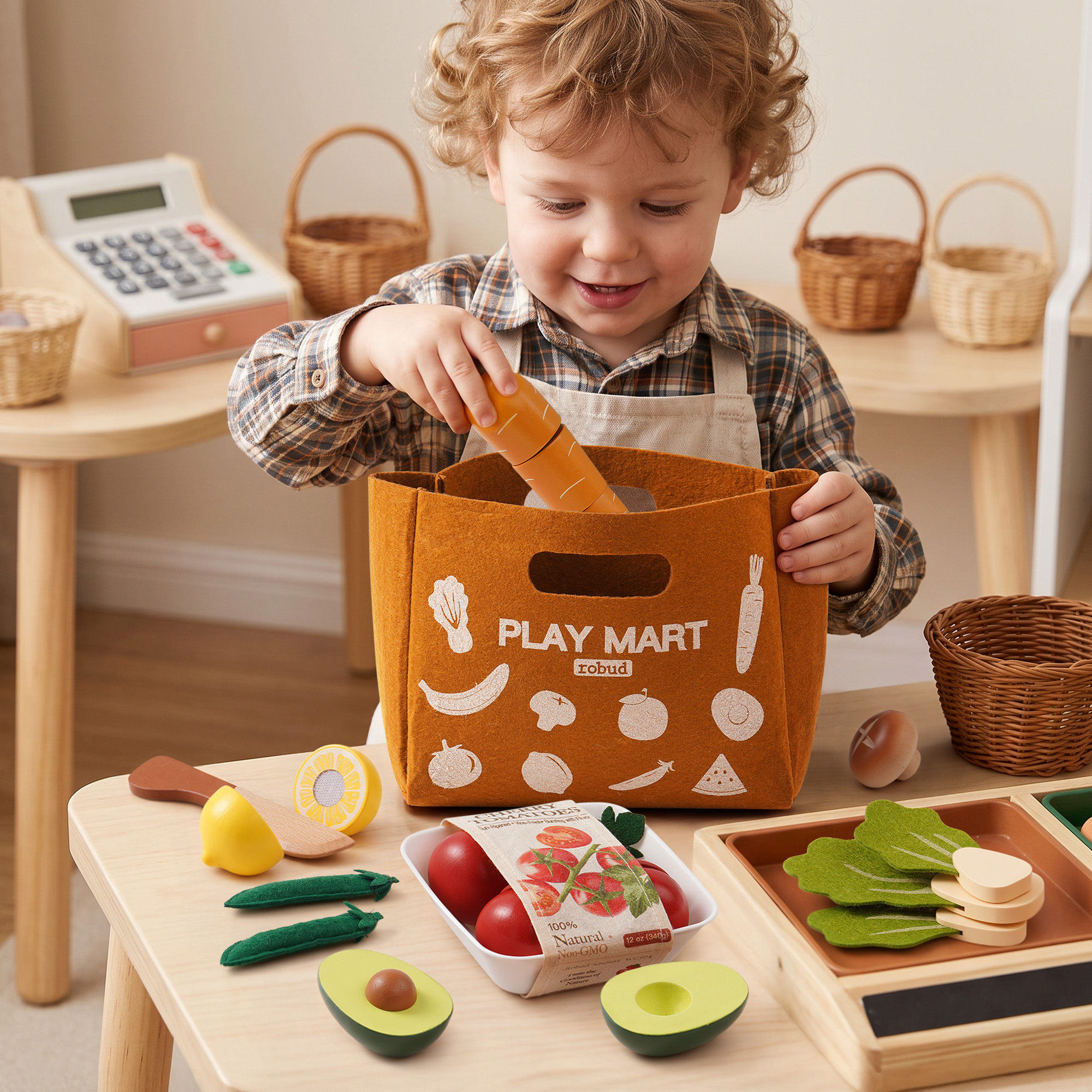 ROBUD Wooden Vegetable Cutting Play Food Set with Play Mart Tote Bag – Image 5