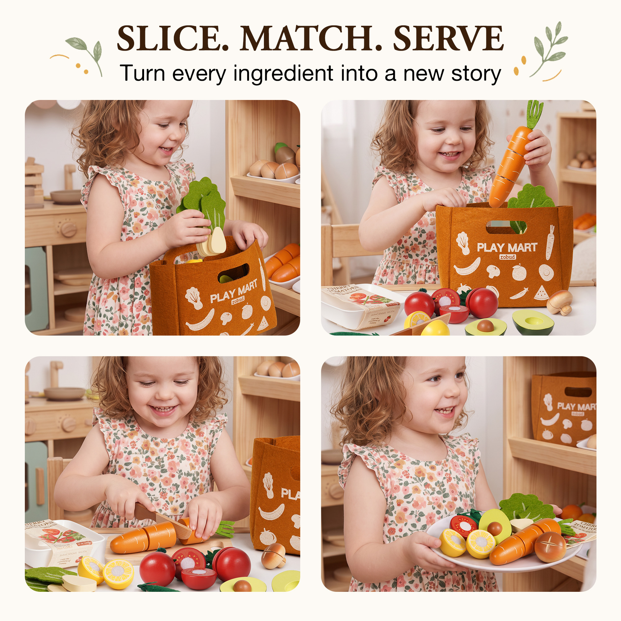 ROBUD Wooden Vegetable Cutting Play Food Set with Play Mart Tote Bag – Image 6