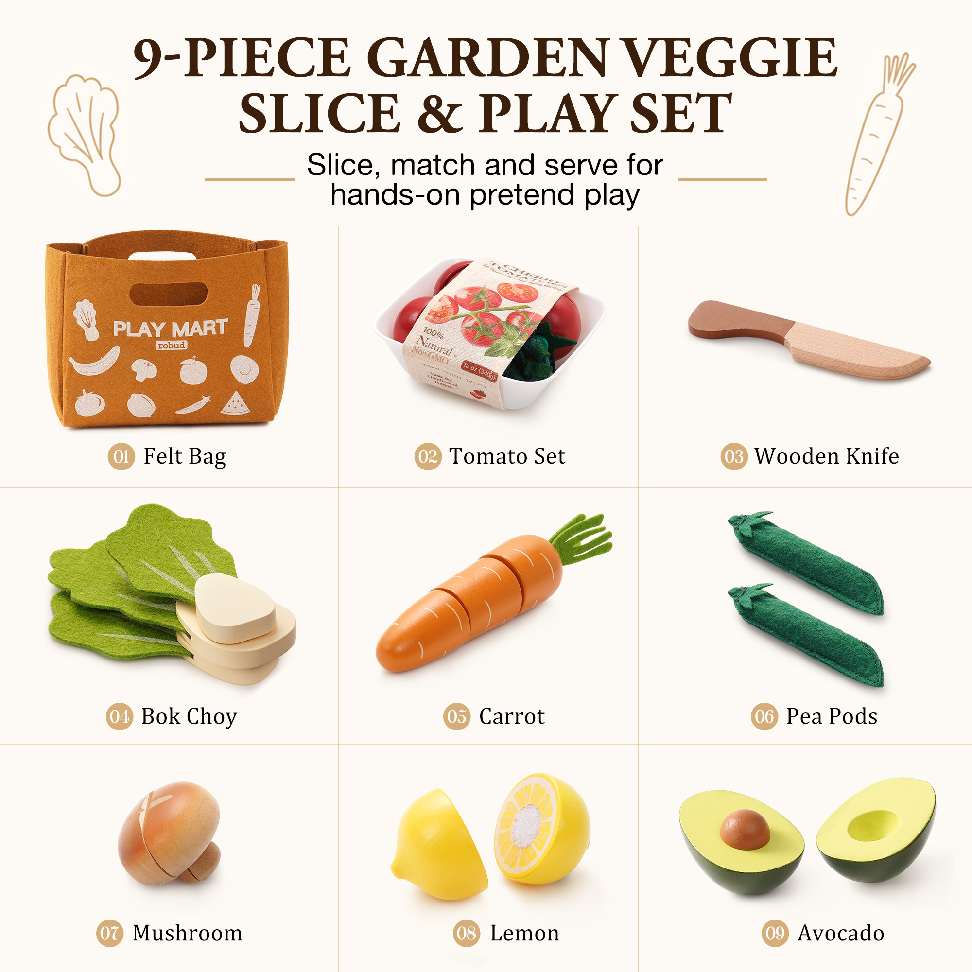 ROBUD Wooden Vegetable Cutting Play Food Set with Play Mart Tote Bag – Image 10