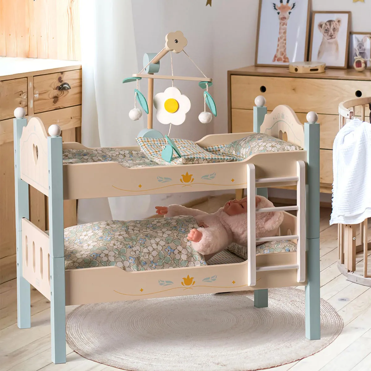 ROBUD Wooden Baby Doll Bed with Ladder and Bedding