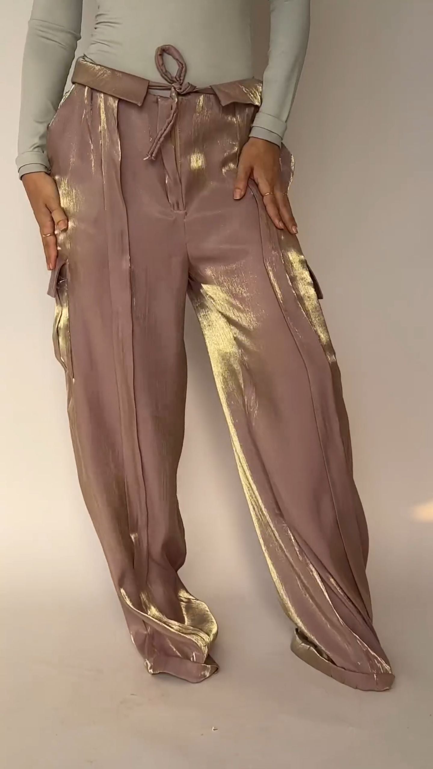 Women's Flip-waisted Satin Pants with Multiple Pockets