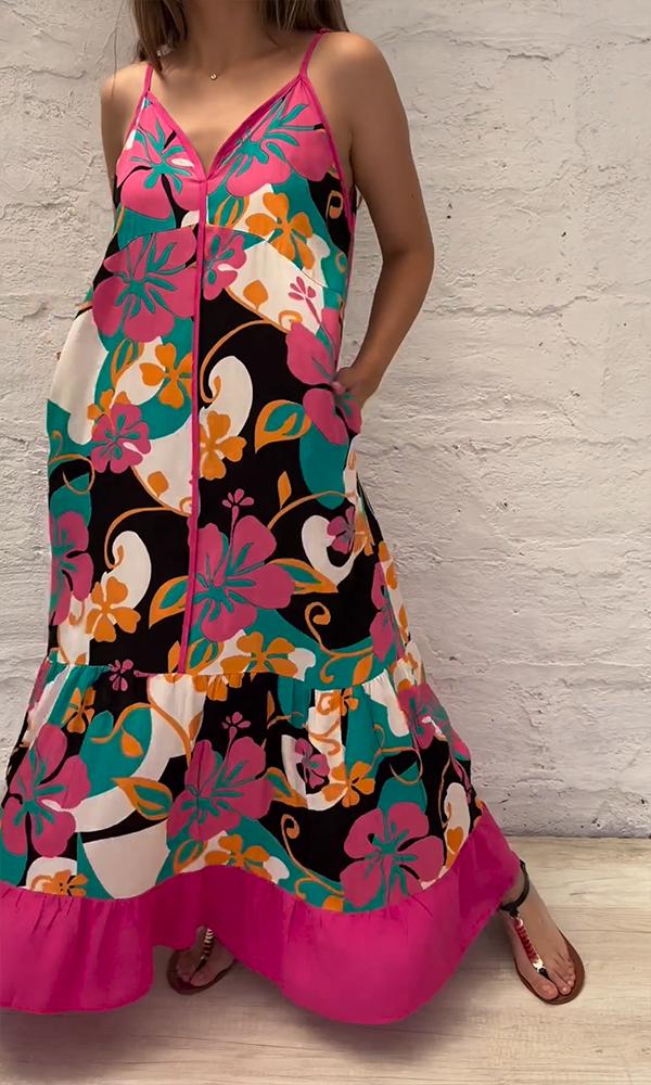 Women's V-neck Floral Print Frilly Halter Maxi Dress