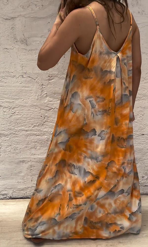 Women's Casual Loose V-neck Tie-dye Print Maxi Dress