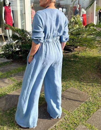 Cotton and linen fake two-piece jumpsuit