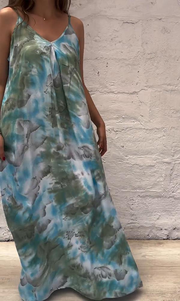 Women's Casual Loose V-neck Tie-dye Print Maxi Dress