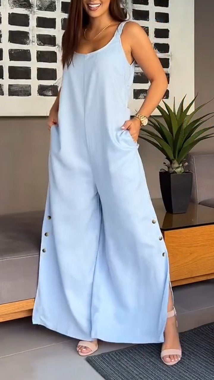 Thin Denim Jumpsuit with Low Collar and Side Buttons
