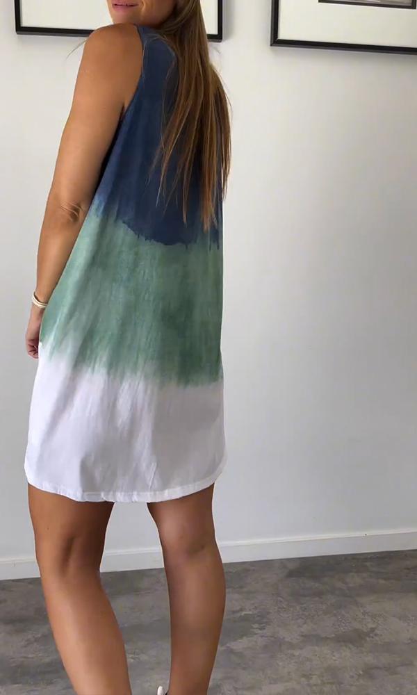 Women's Fashion Crew-neck Multi-color Tie-dye Print Sleeveless Dress