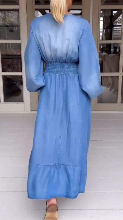 V-neck Long-sleeved Washed Denim Dress